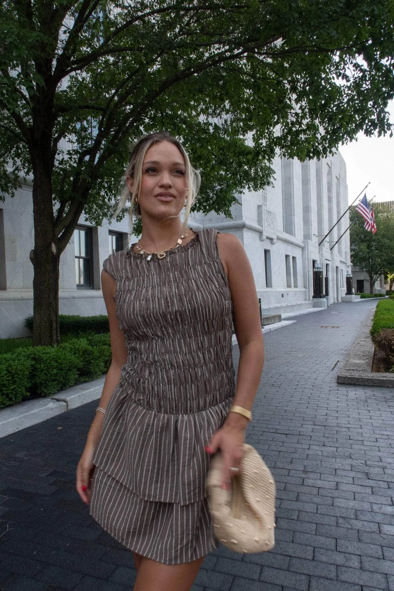 Brown Striped Ruffle Mini Dress sold by LANE 201