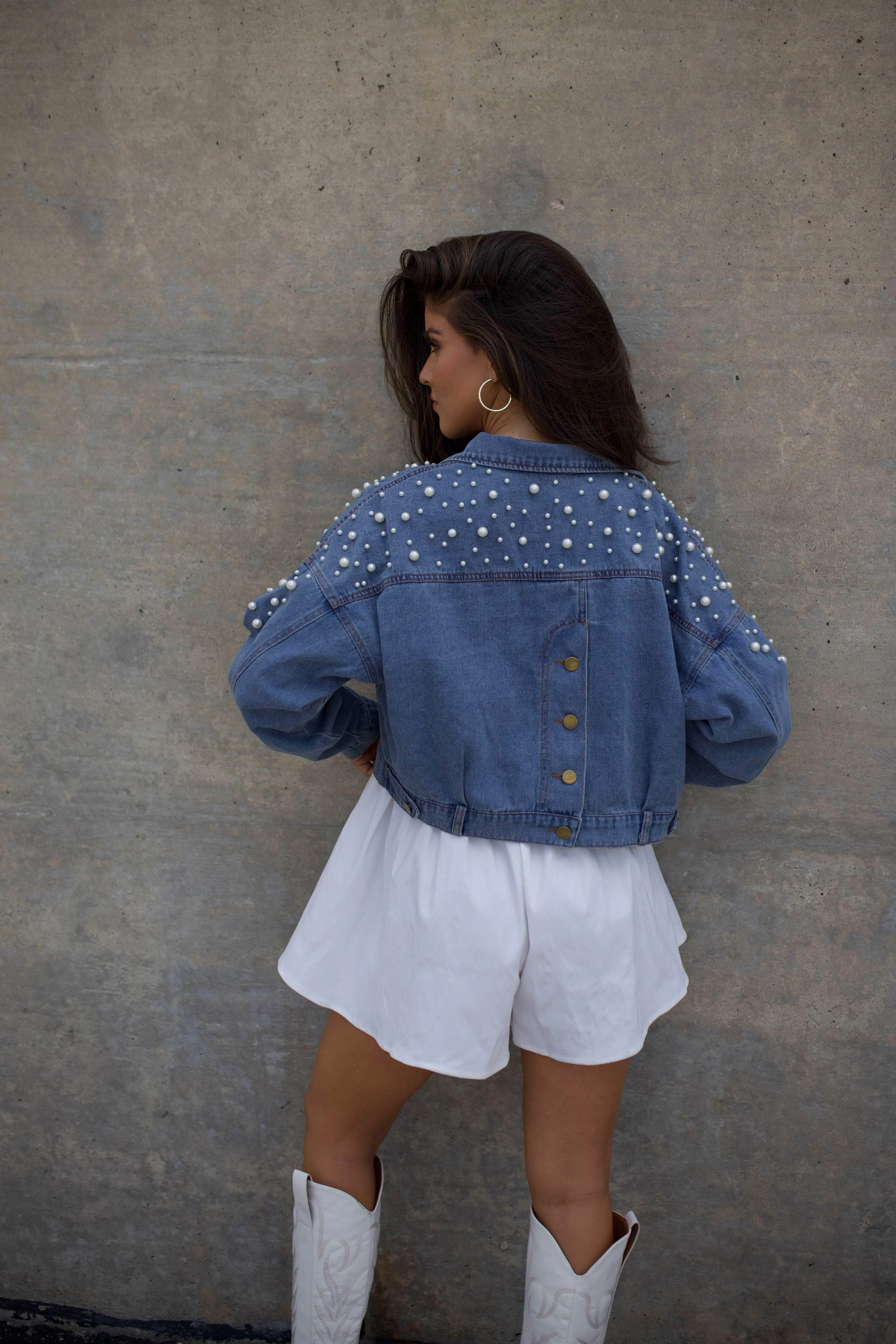 Pearl Denim Cropped Jacket sold by LANE 201 product image thumbnail 2