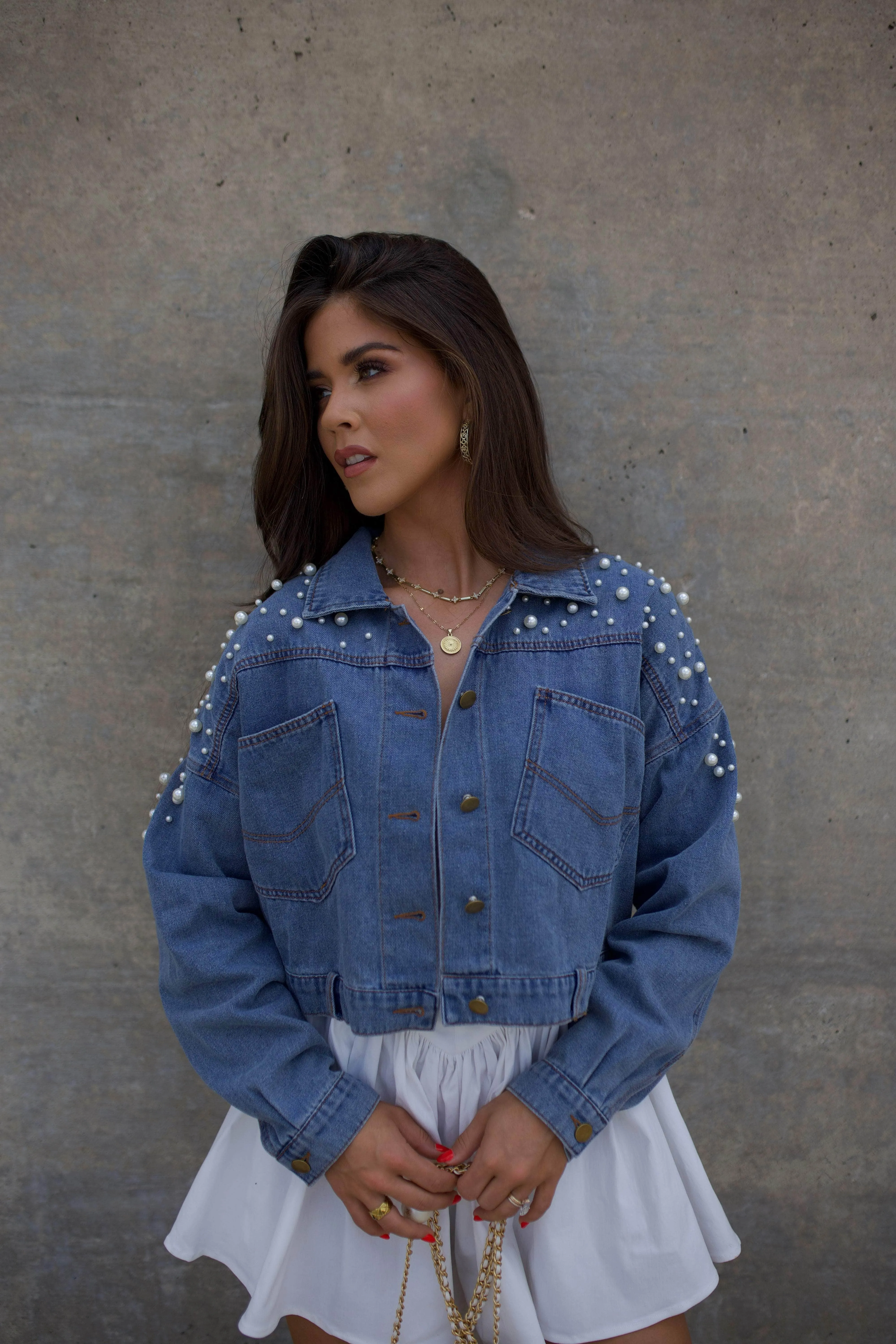 Pearl Denim Cropped Jacket sold by LANE 201 product image thumbnail 3