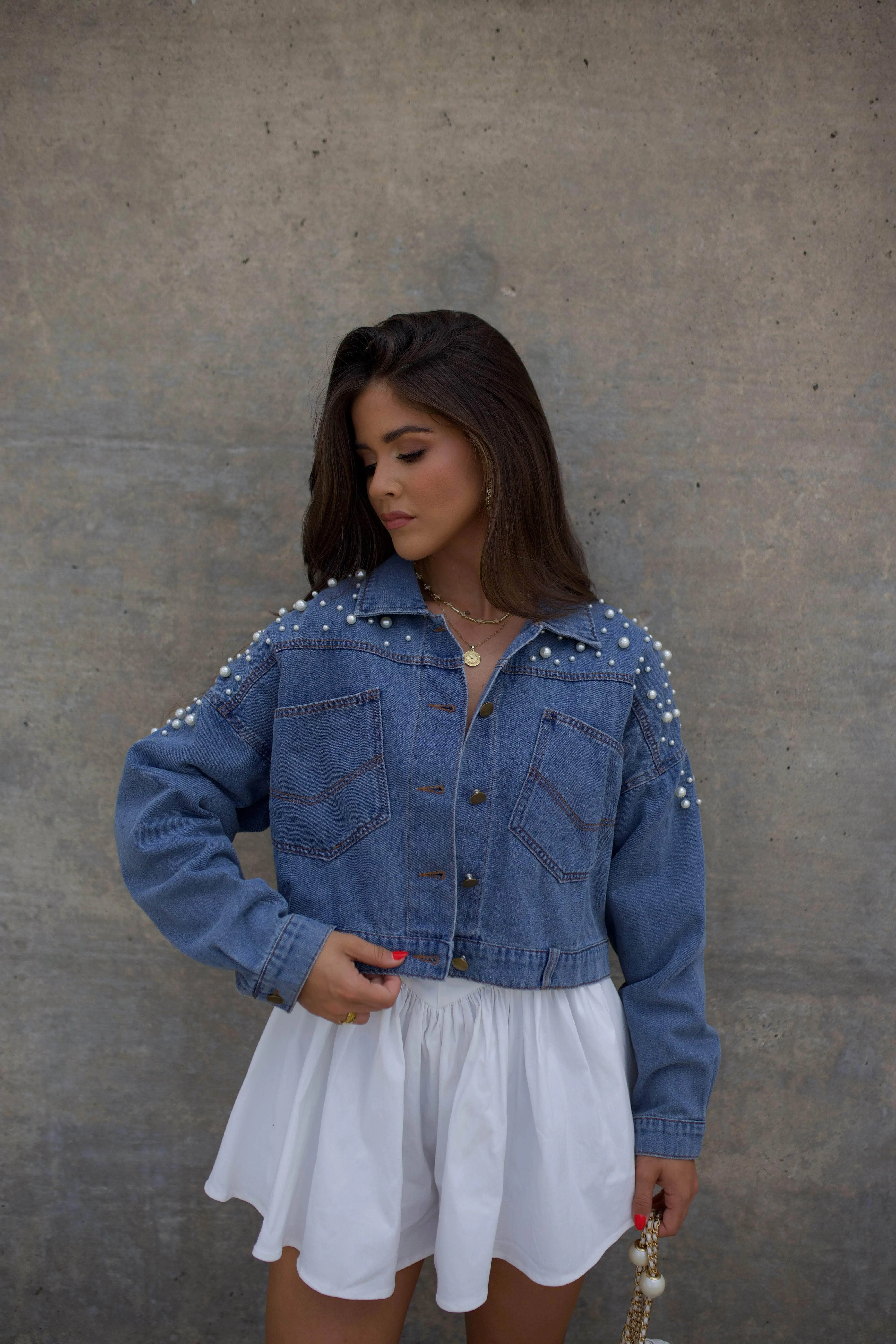 Pearl Denim Cropped Jacket sold by LANE 201