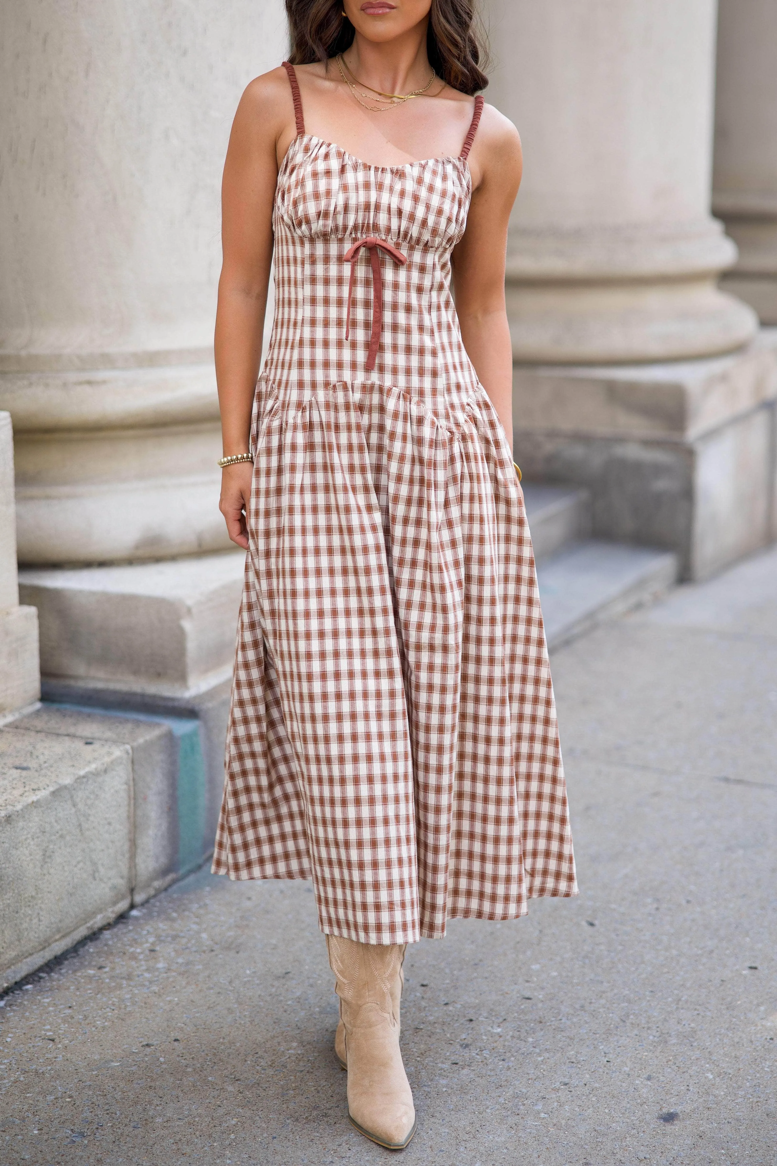 Brown Plaid Drop Waist Midi Dress sold by LANE 201 product image thumbnail 3