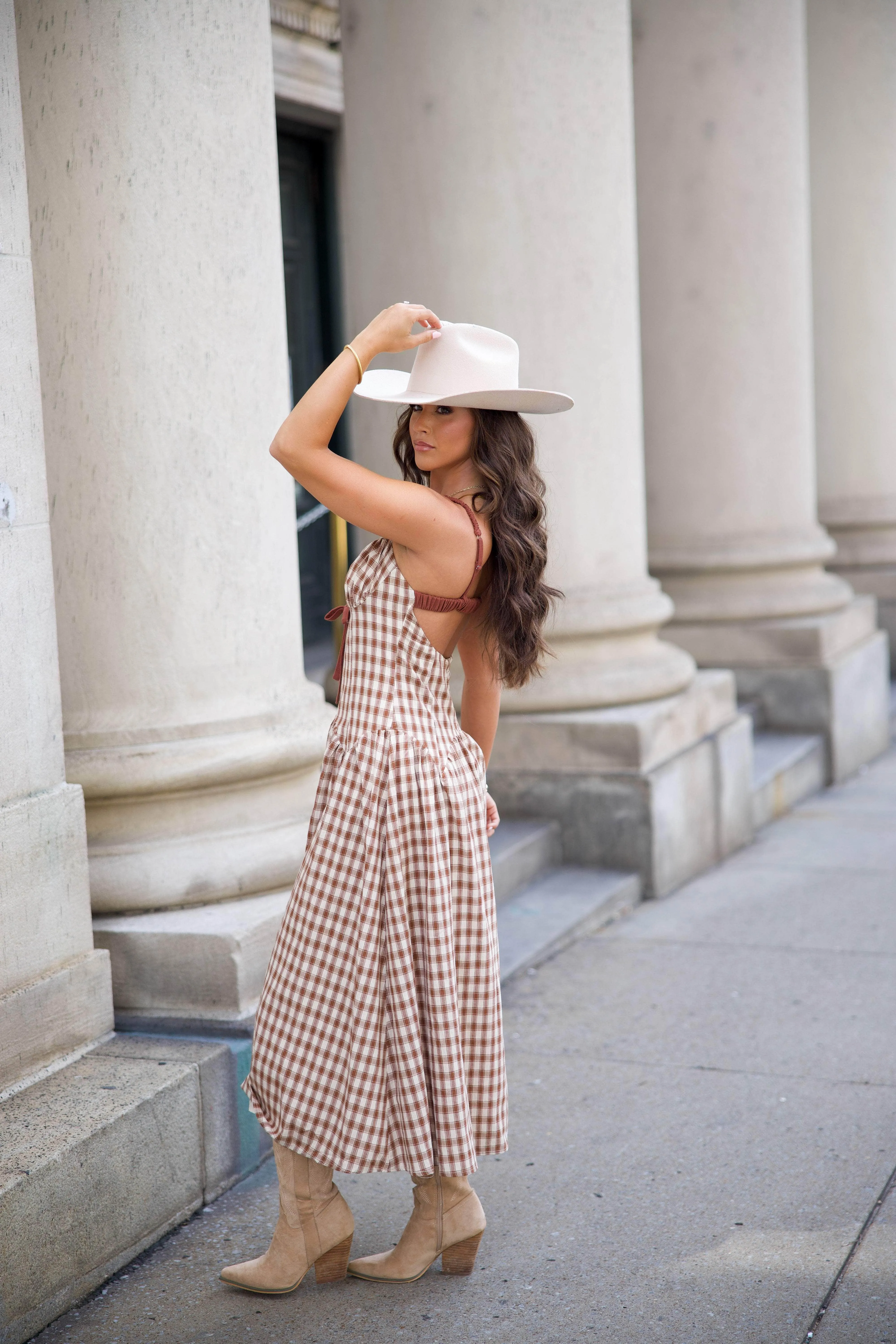 Brown Plaid Drop Waist Midi Dress sold by LANE 201 product image thumbnail 4