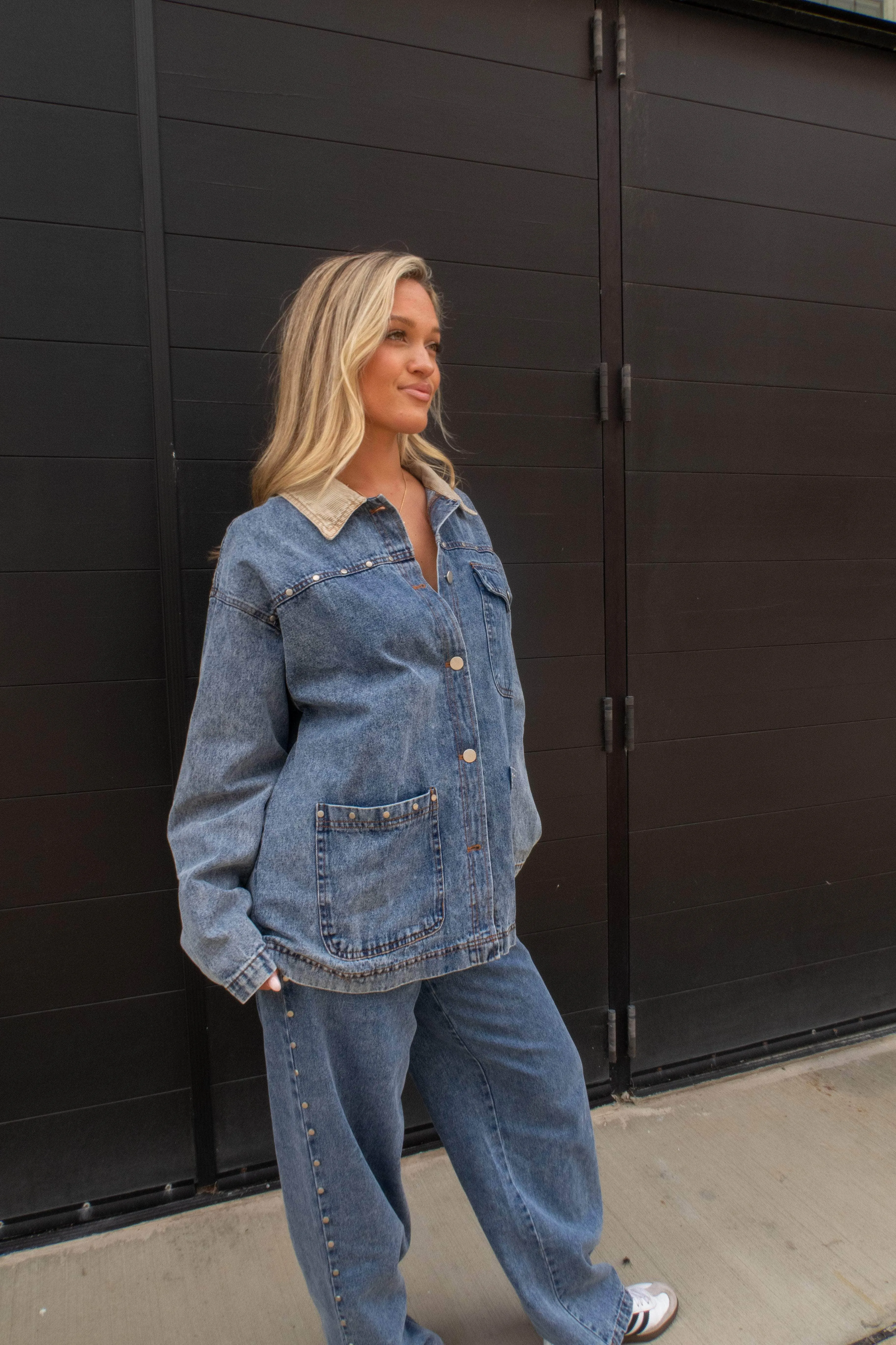 Studded Denim Barn Jacket sold by LANE 201