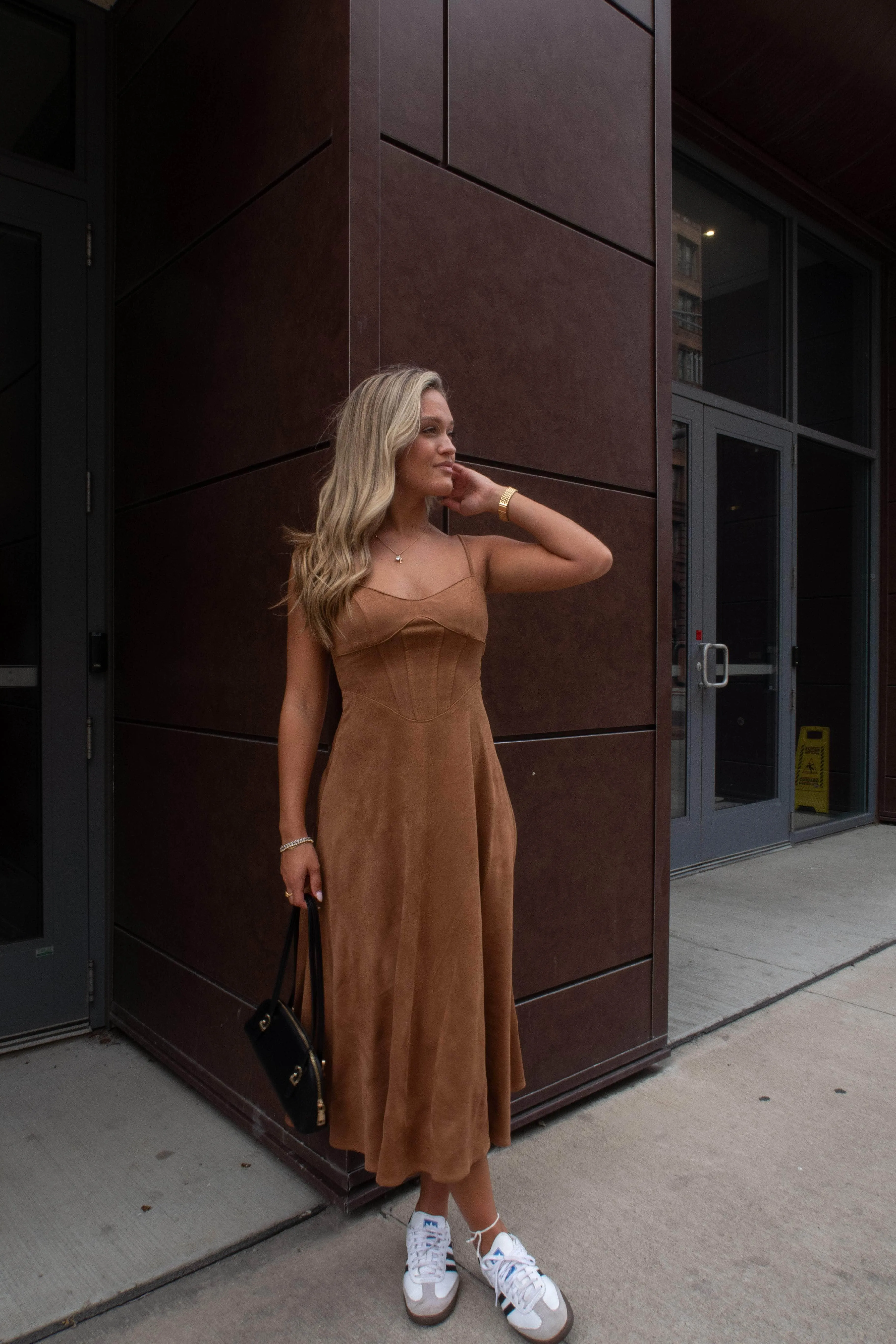 Camel Suede Bustier Midi Dress sold by LANE 201