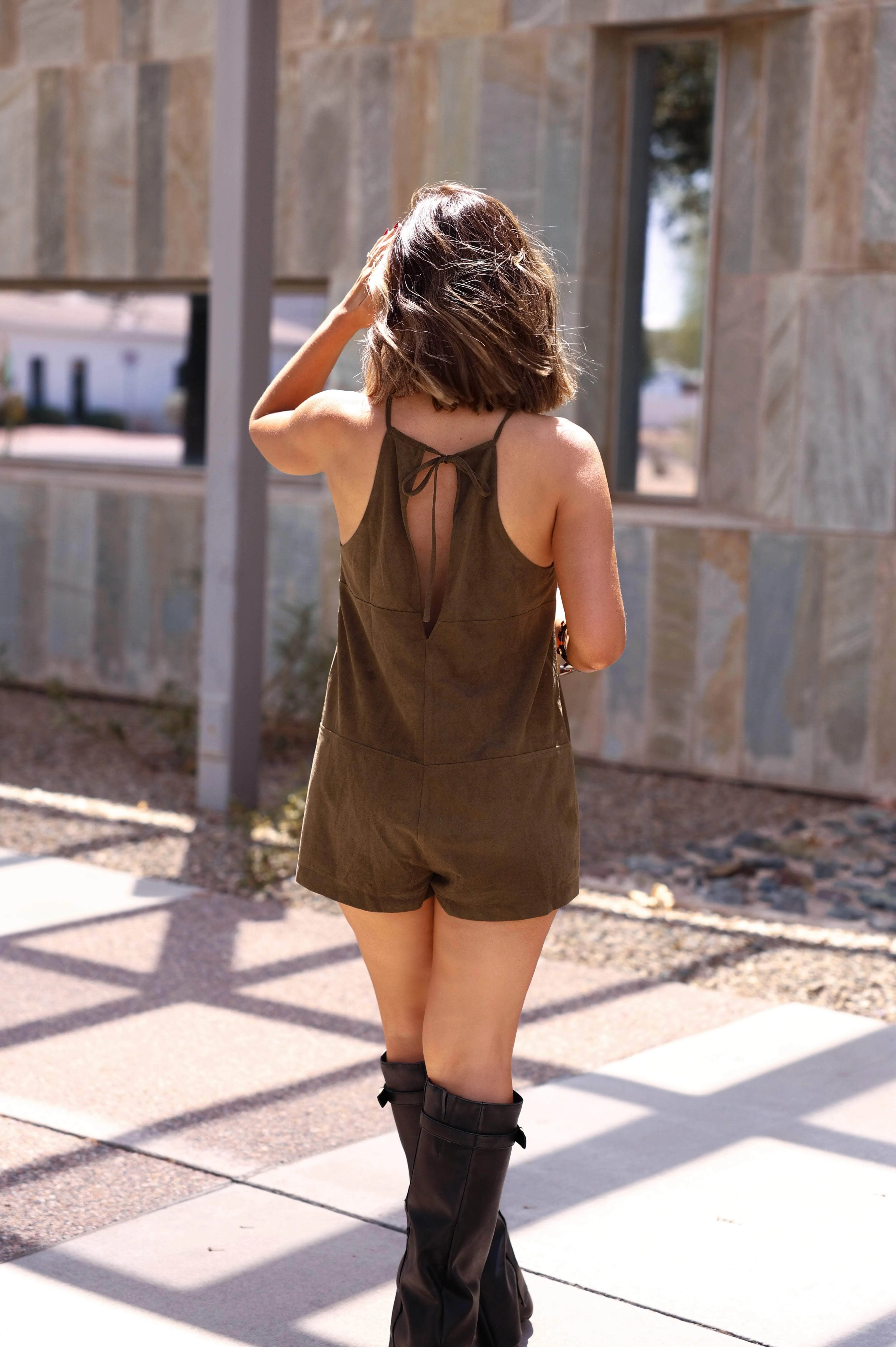 Olive Suede Keyhole Romper sold by LANE 201 product image thumbnail 3