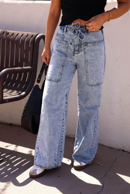Washed Drawstring Wide Leg Jeans sold by LANE 201