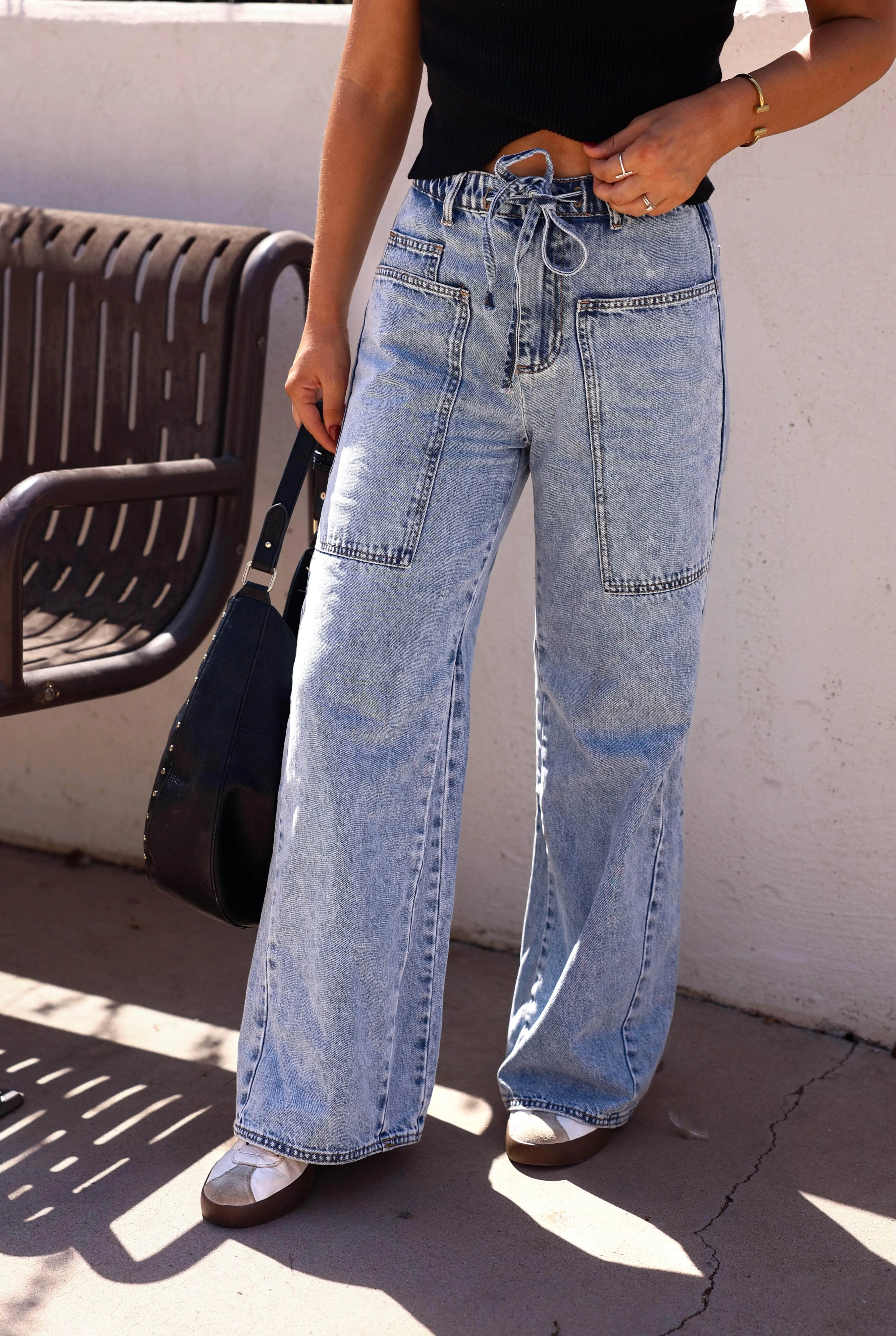 Washed Drawstring Wide Leg Jeans sold by LANE 201