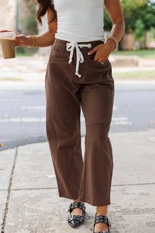 Brown Drawstring Barrel Jeans sold by LANE 201