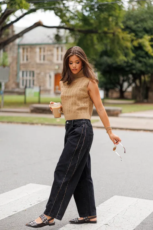 Black Leopard Piping Detail Barrel Jean sold by LANE 201