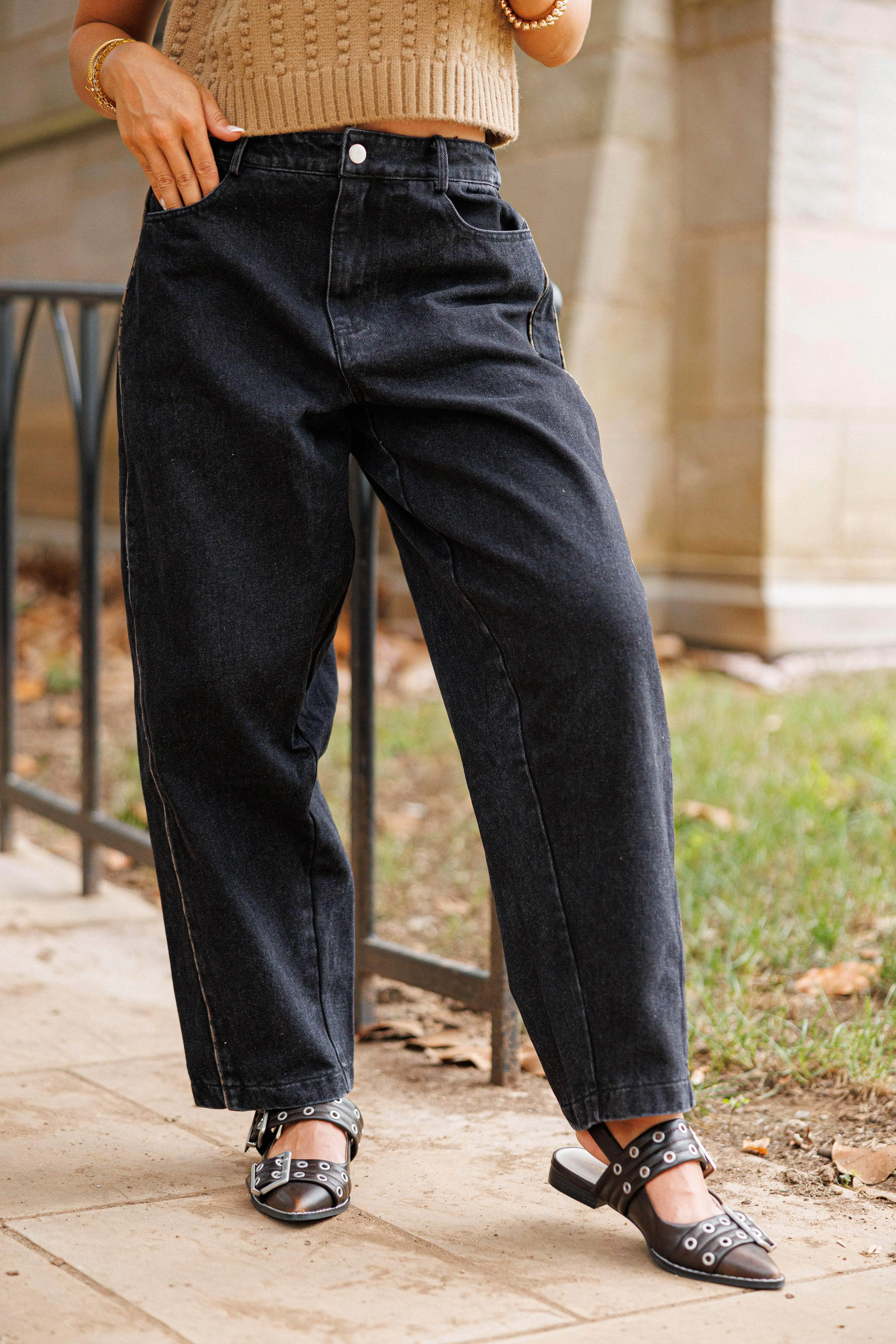 Black Leopard Piping Detail Barrel Jean sold by LANE 201 product image thumbnail 2