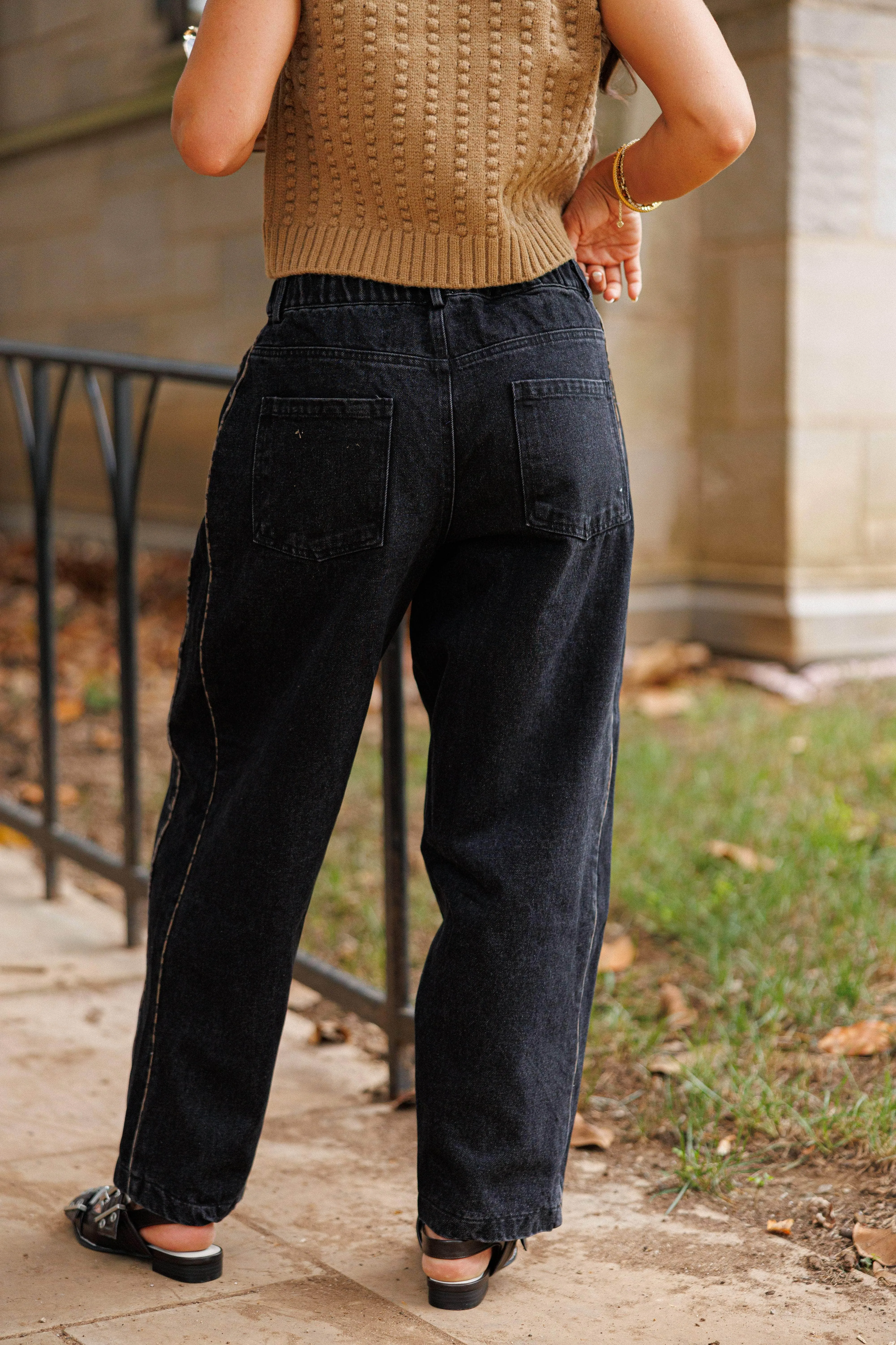 Black Leopard Piping Detail Barrel Jean sold by LANE 201 product image thumbnail 4
