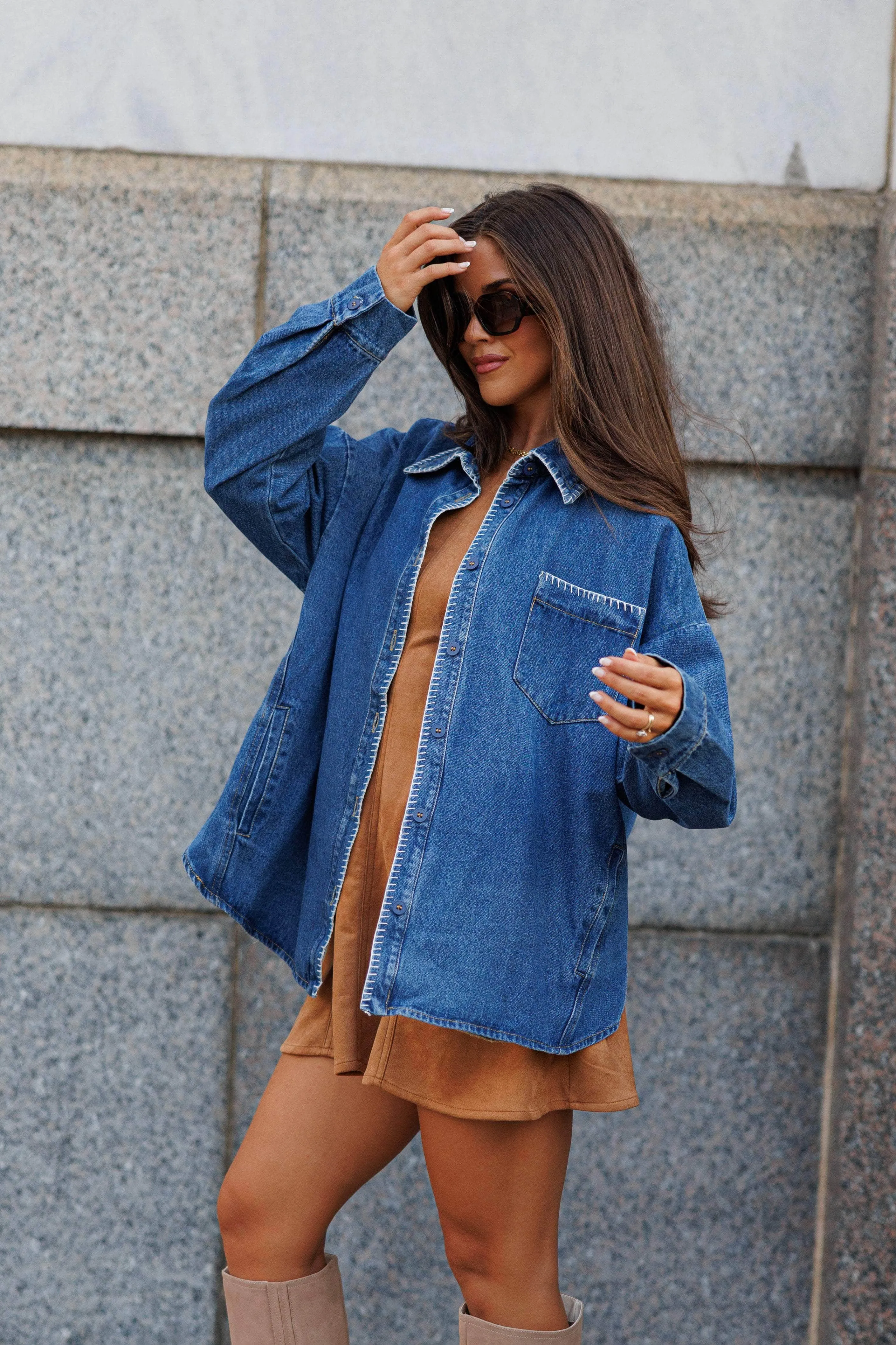 Stitch Detail Denim Shacket sold by LANE 201