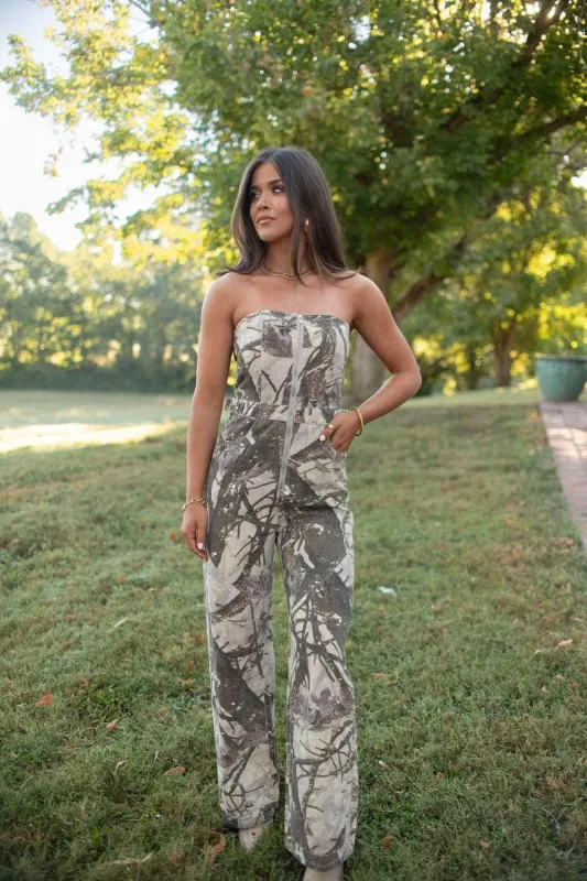 Camo Printed Denim Jumpsuit sold by LANE 201