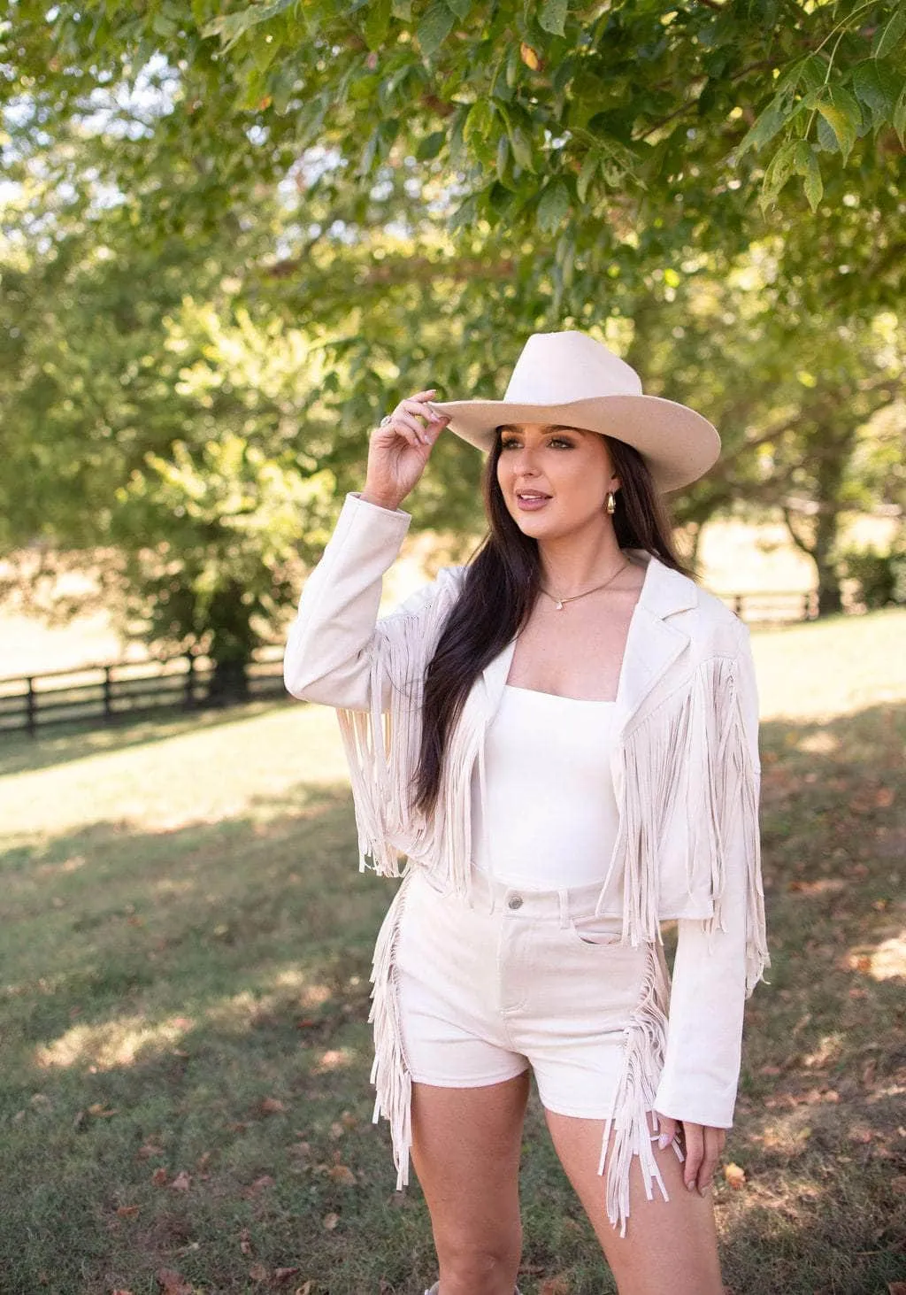 Festive Fringe Faux Suede Jacket sold by LANE 201