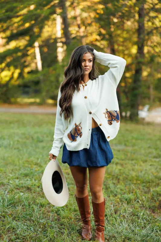 Pony Up Cardigan sold by LANE 201