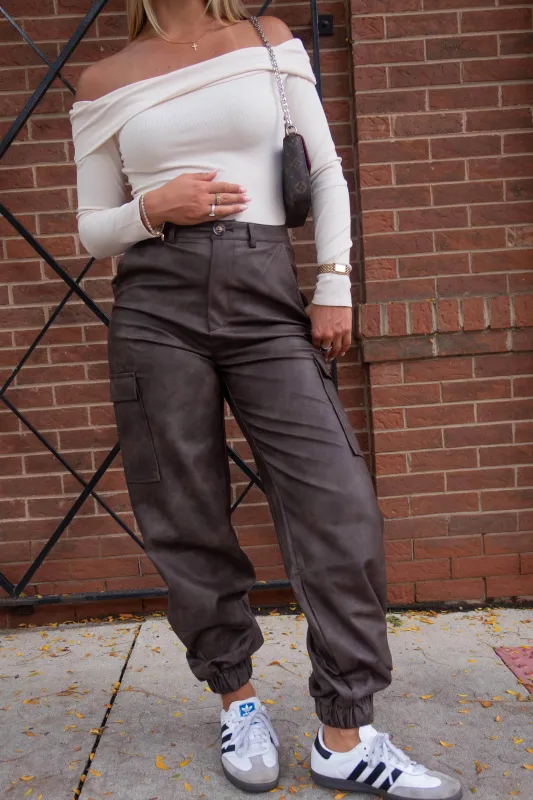 Brown Pleather Cargo Joggers made by Fore Collection