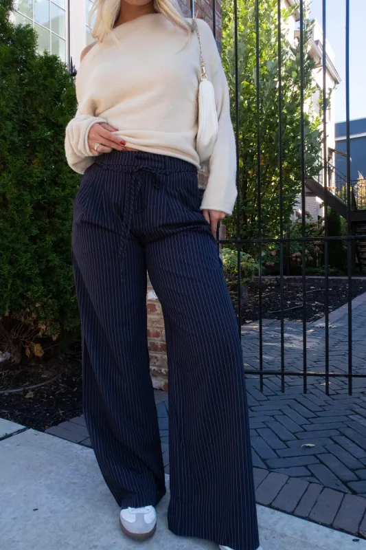Navy Pinstripe Belted Trousers sold by LANE 201