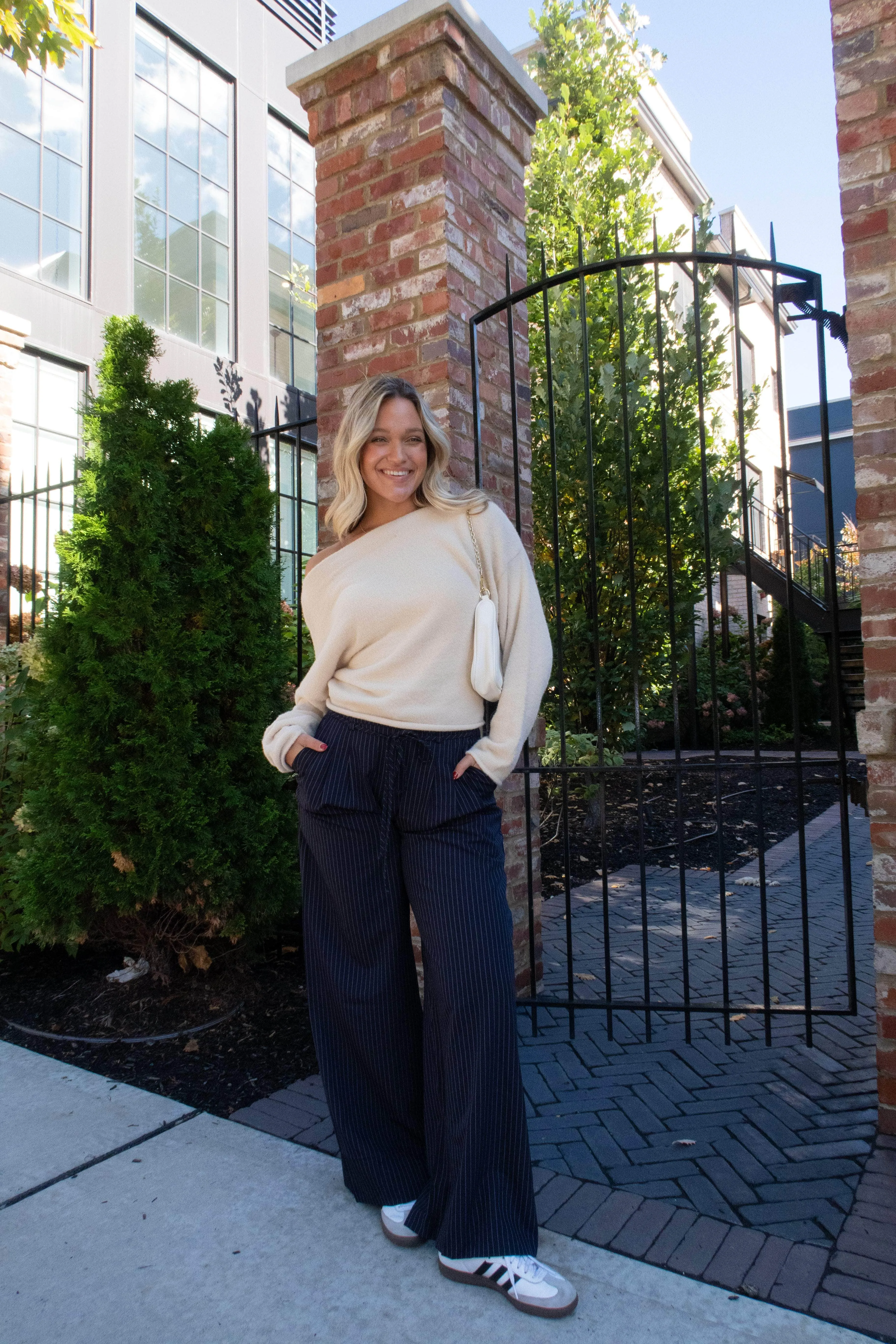 Navy Pinstripe Belted Trousers sold by LANE 201 product image thumbnail 4