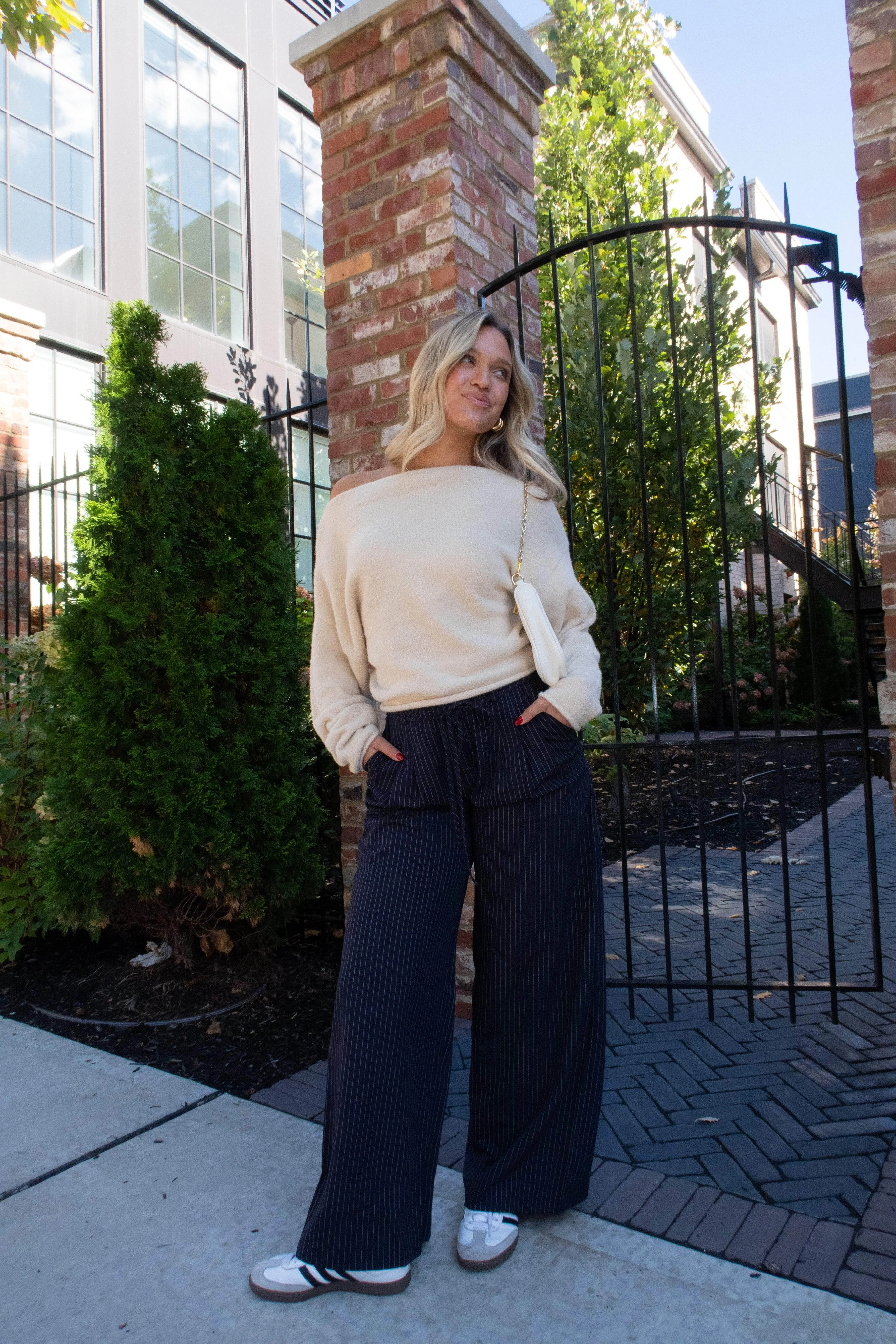 Navy Pinstripe Belted Trousers sold by LANE 201 product image thumbnail 3