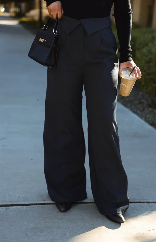 Dark Grey Linen Fold Over Pants sold by LANE 201