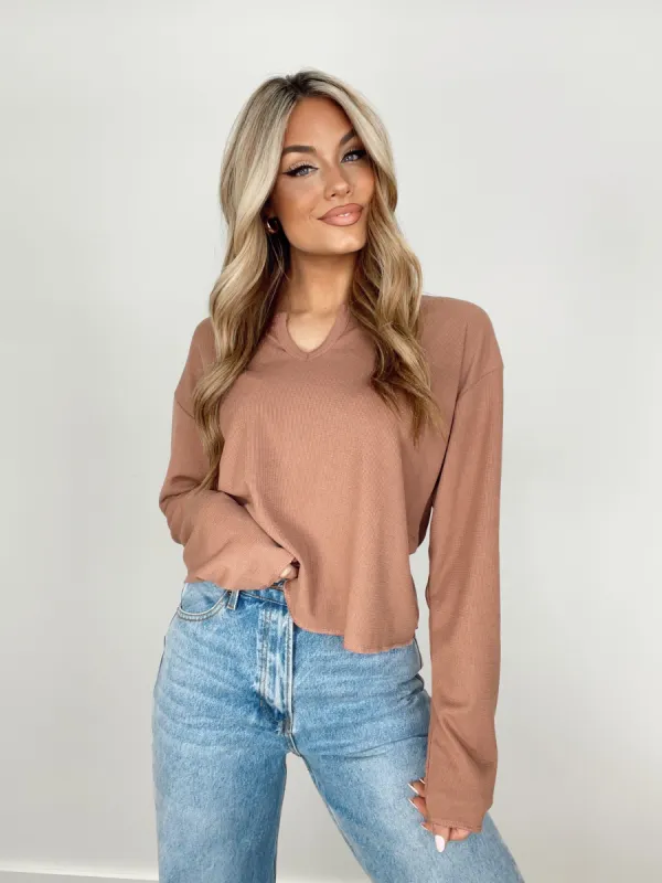Mocha Waffle Knit Notch Top sold by LANE 201