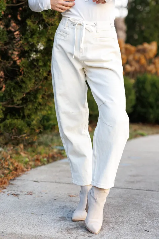 Cream Eyelet Barrel Jeans sold by LANE 201