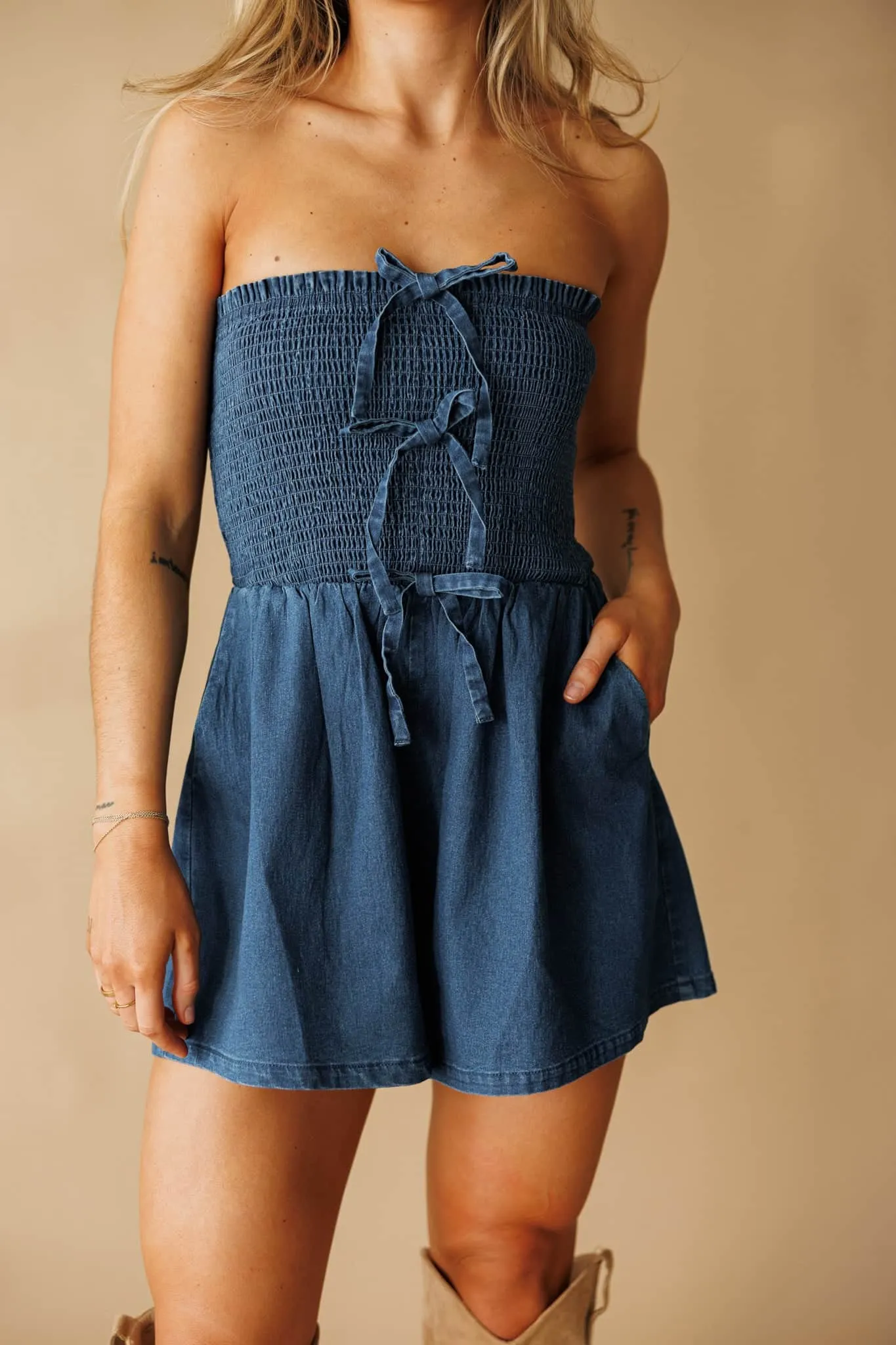 Bow Moment Denim Romper sold by LANE 201 product image thumbnail 2