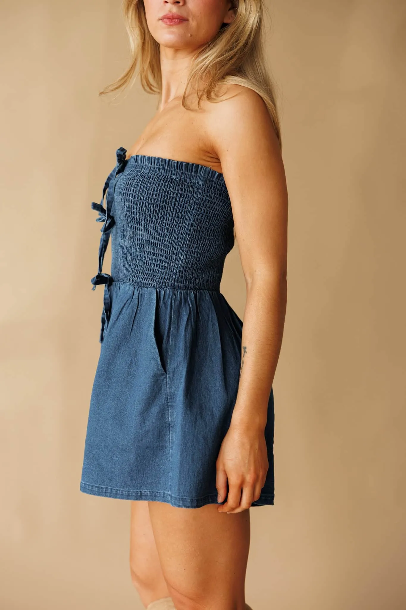 Bow Moment Denim Romper sold by LANE 201 product image thumbnail 4