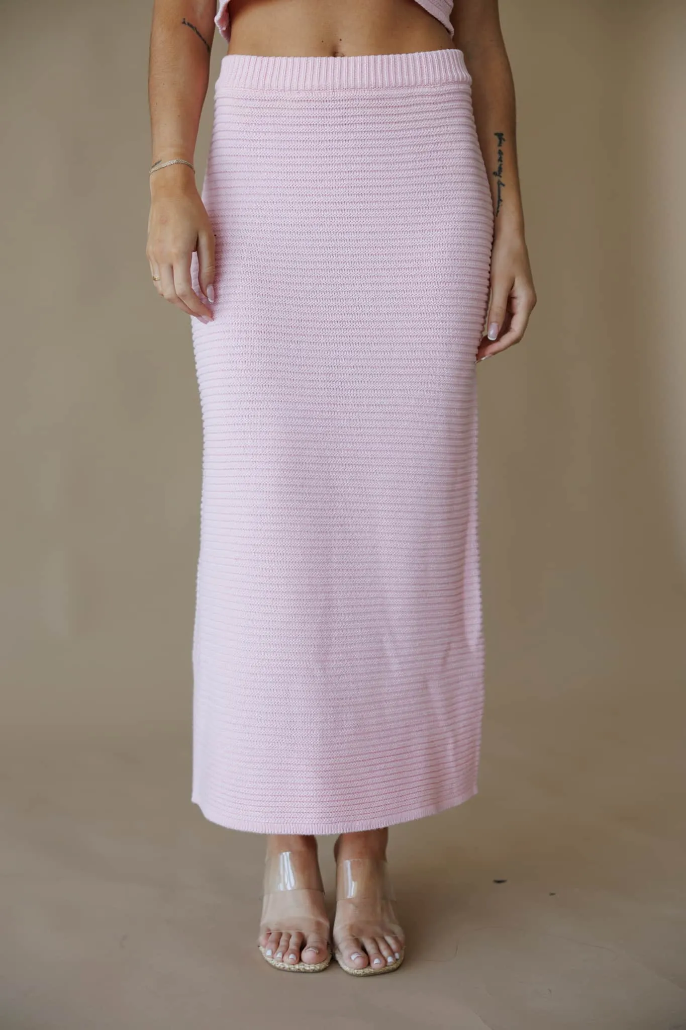Pink Ribbed Sweater Midi Skirt sold by LANE 201