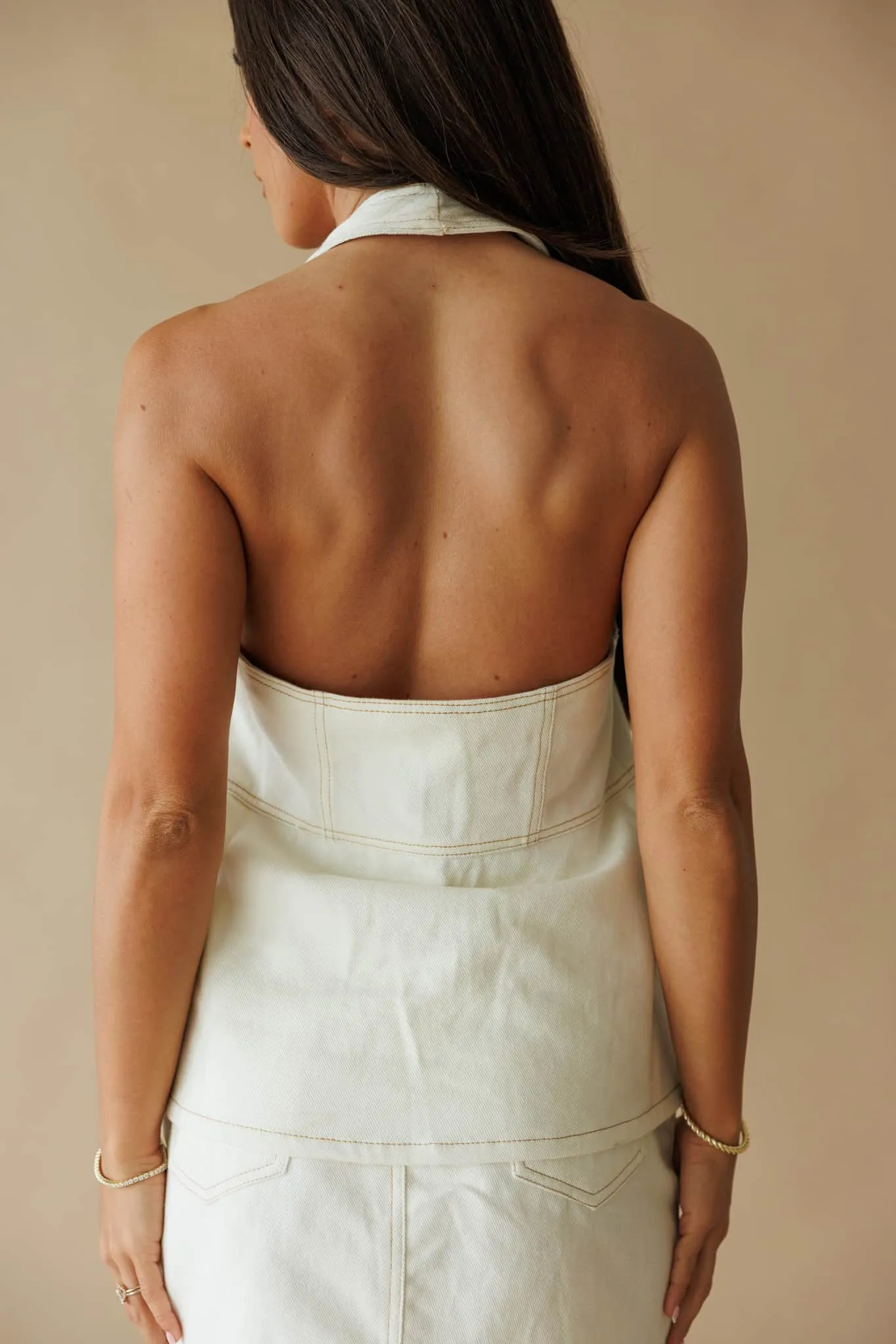 Cream Denim Pocket Detail Halter Top sold by LANE 201 product image thumbnail 2