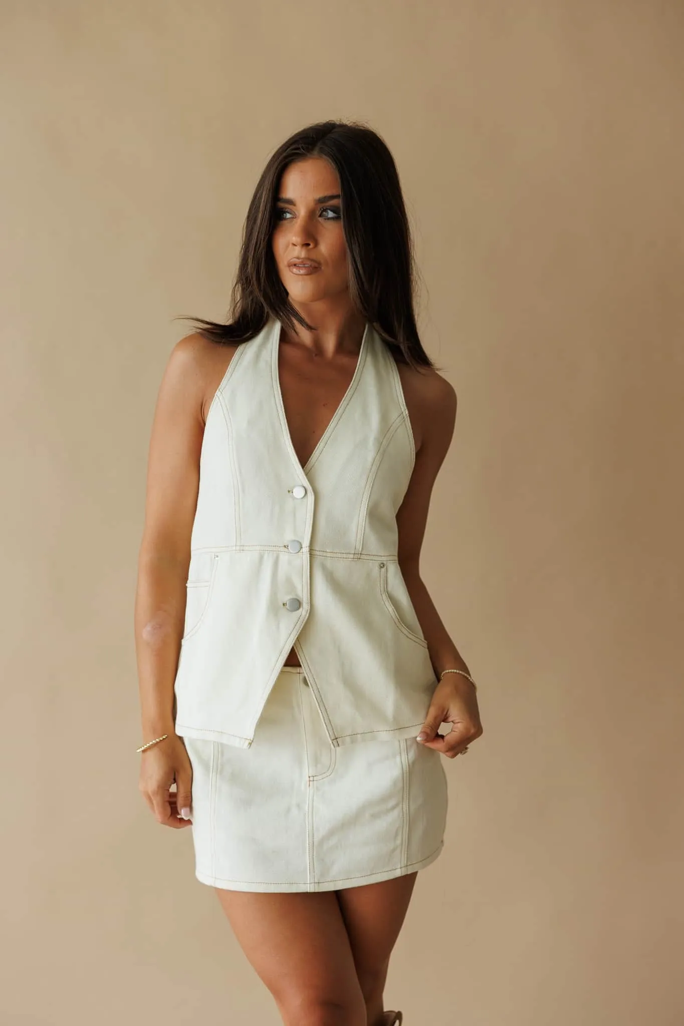 Cream Denim Pocket Detail Halter Top sold by LANE 201