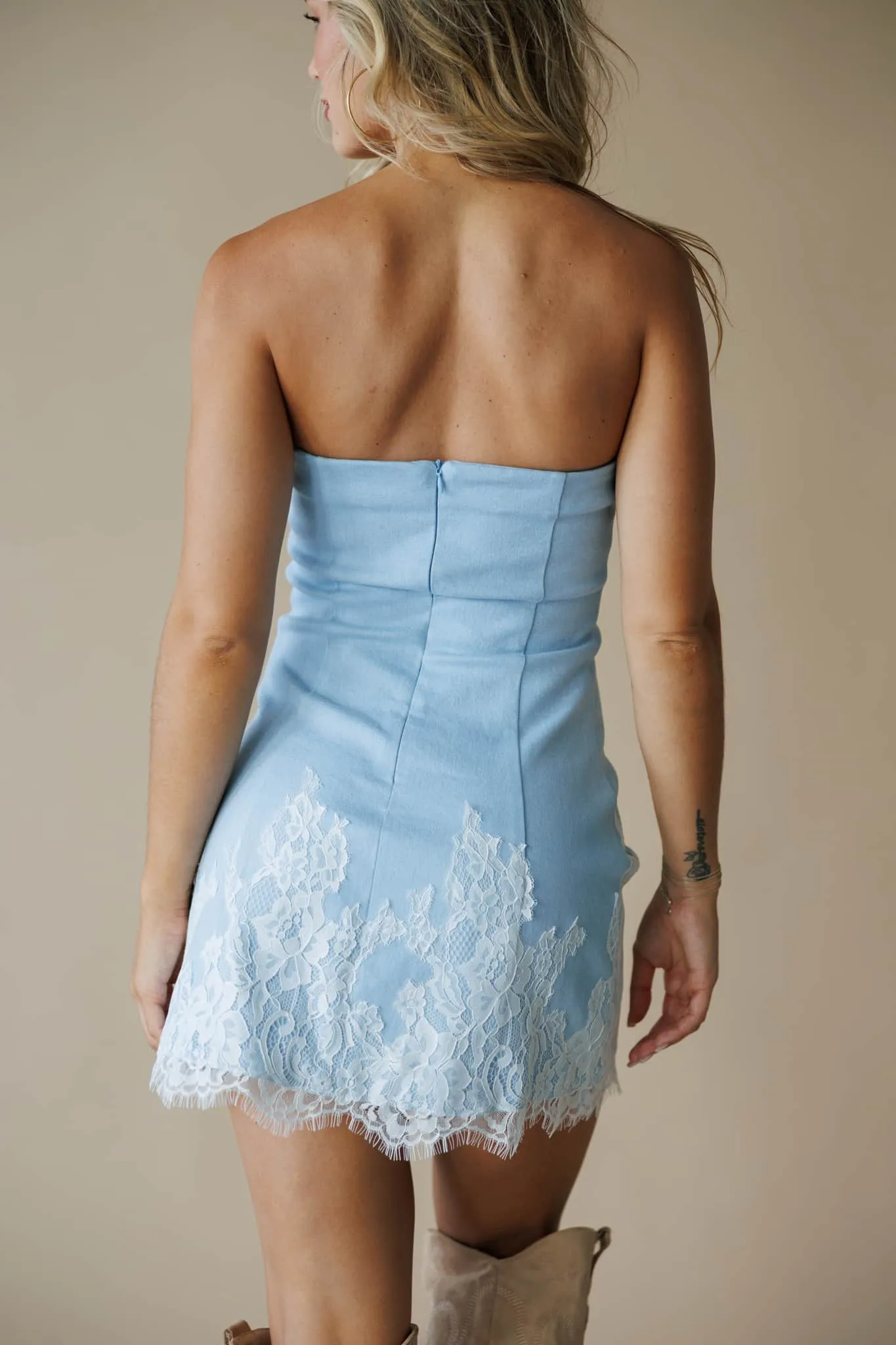 Lace Trim Denim Mini Dress sold by LANE 201 product image thumbnail 3