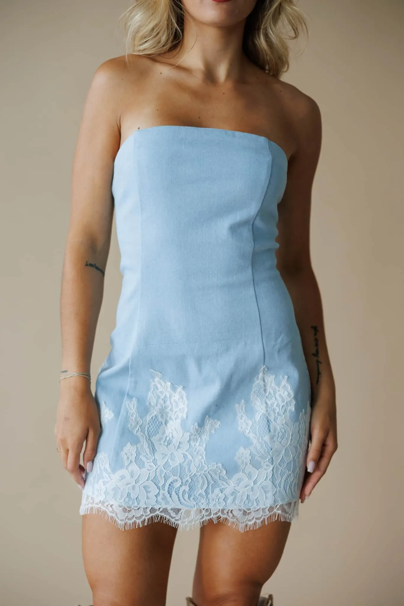 Lace Trim Denim Mini Dress sold by LANE 201 product image thumbnail 2