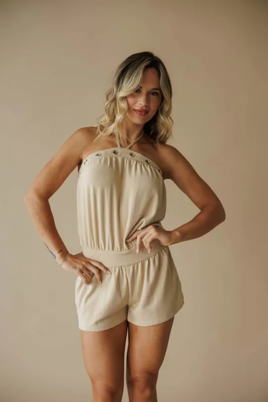 Tan Eyelet Halter Neck Romper made by Le Lis