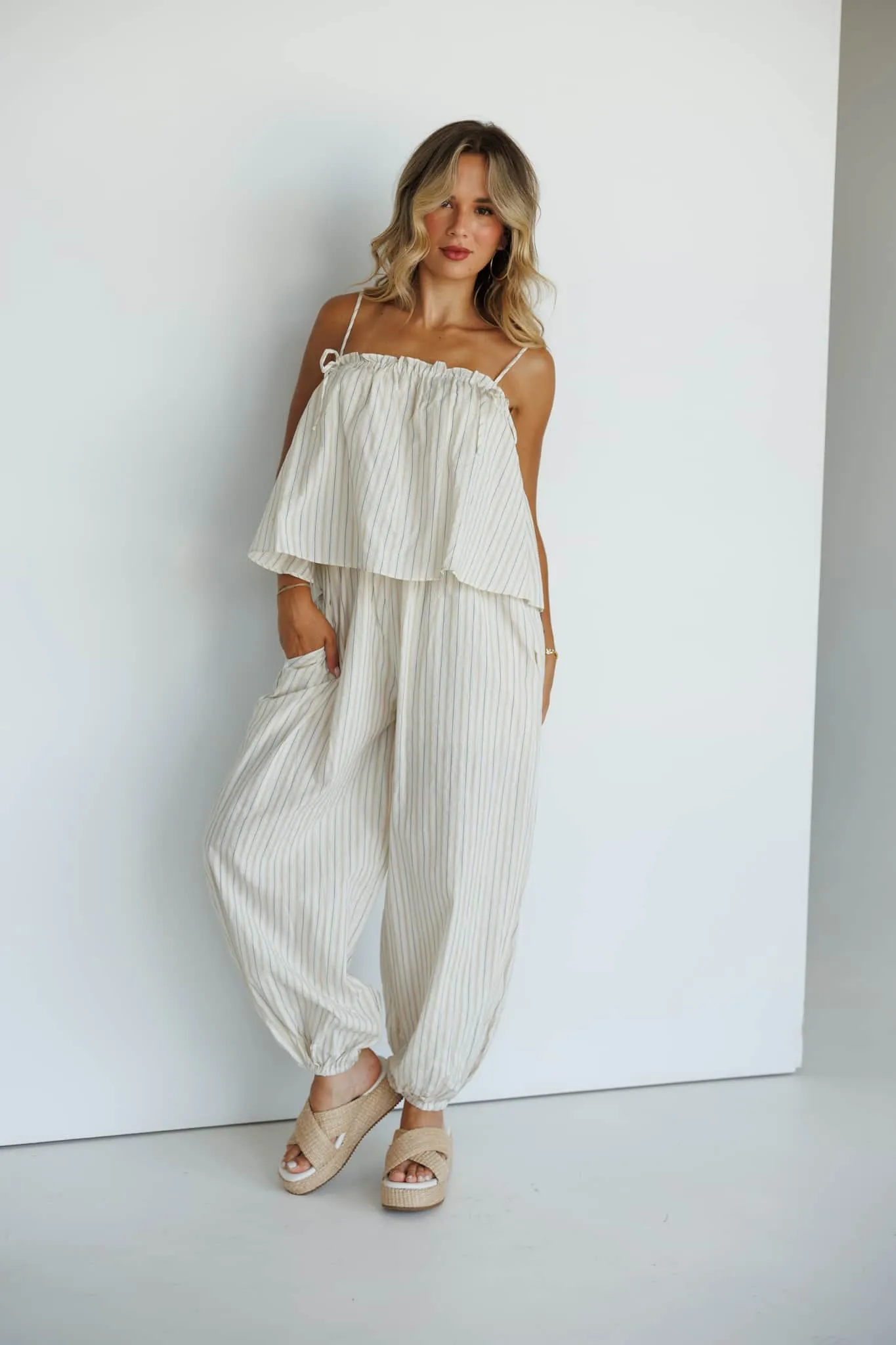 Striped Top Balloon Jumpsuit sold by LANE 201
