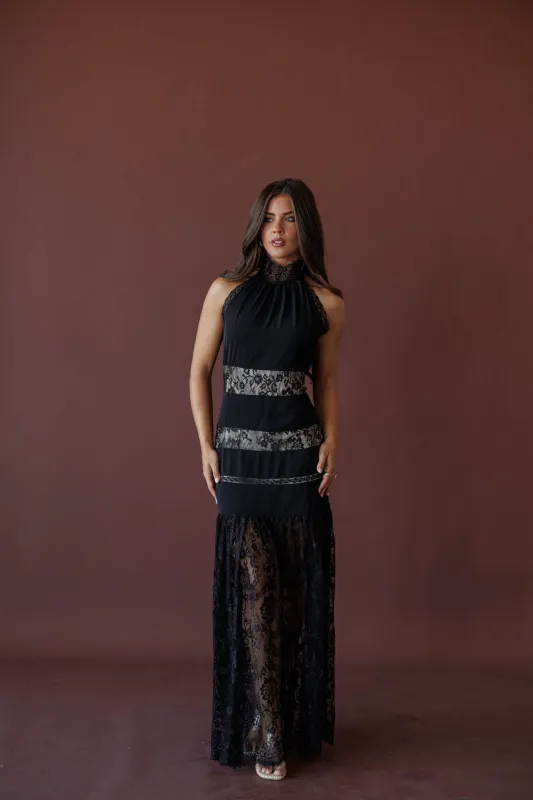 Midnight Lace Halter Maxi Dress made by Fore Collection
