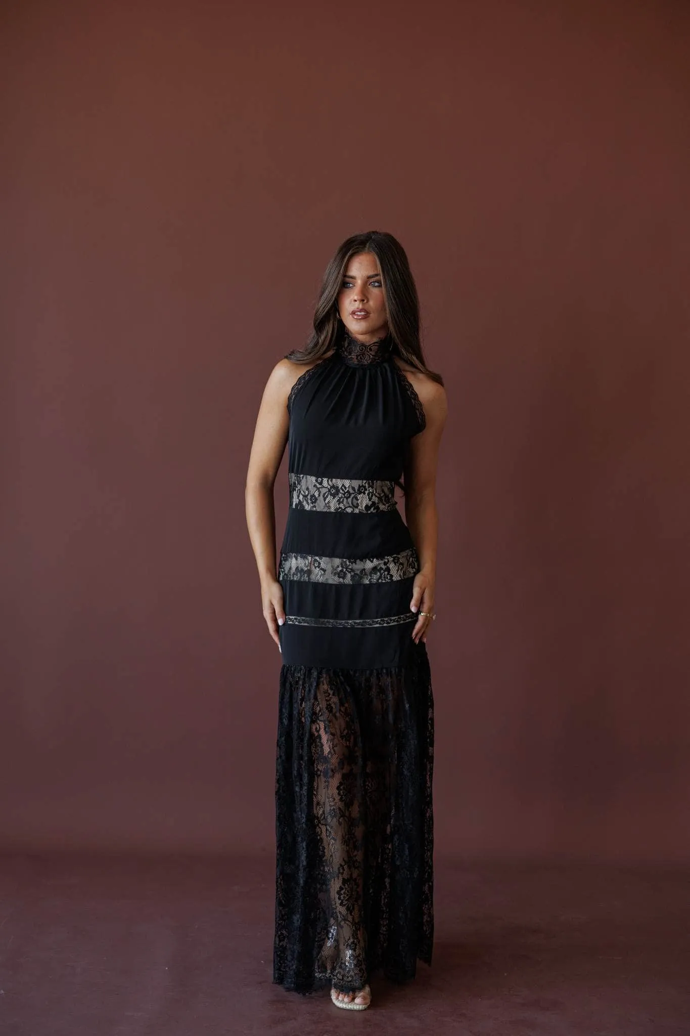 Midnight Lace Halter Maxi Dress sold by LANE 201