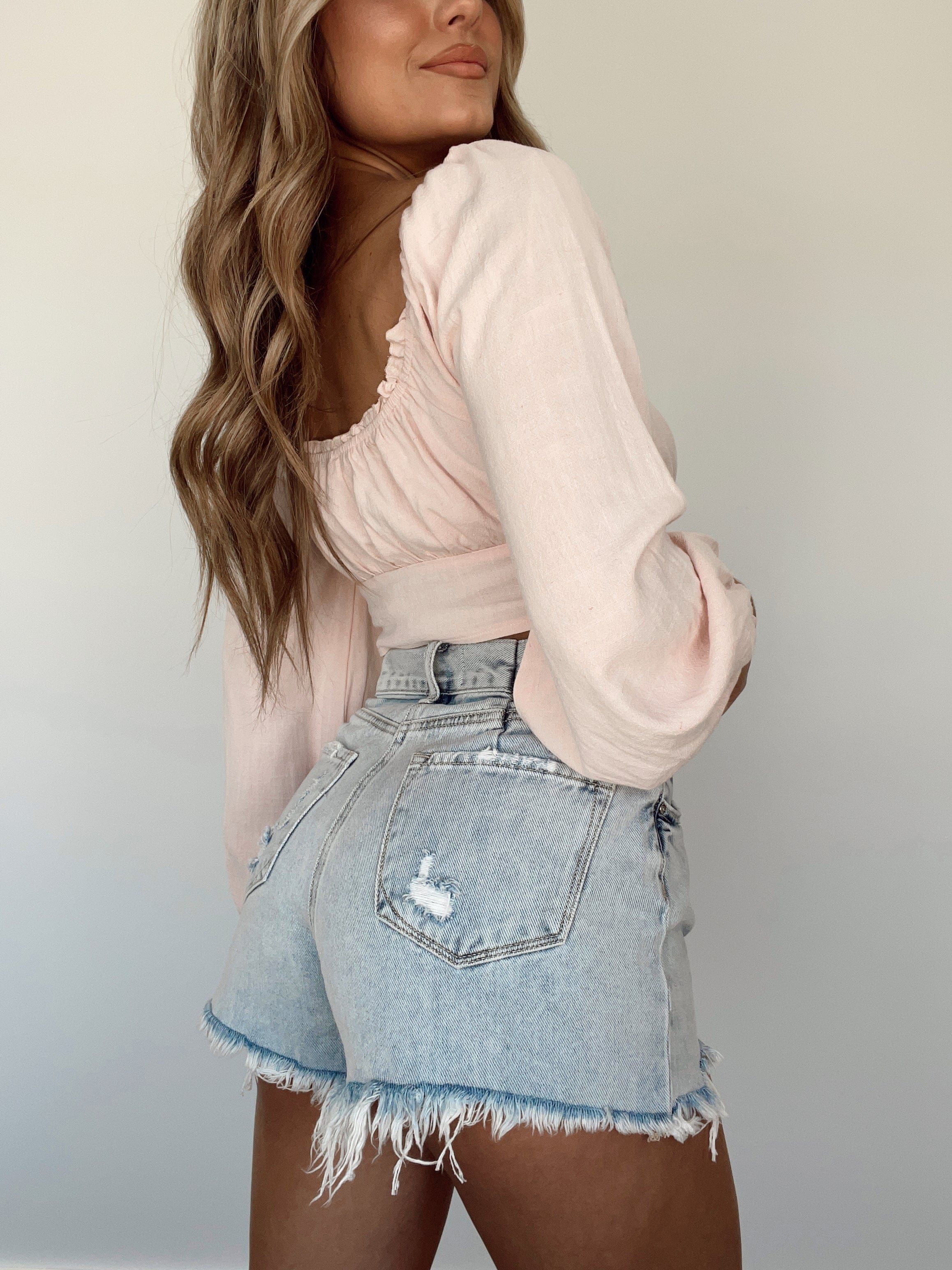 Light Wash Frayed Denim Shorts sold by LANE 201 product image thumbnail 3