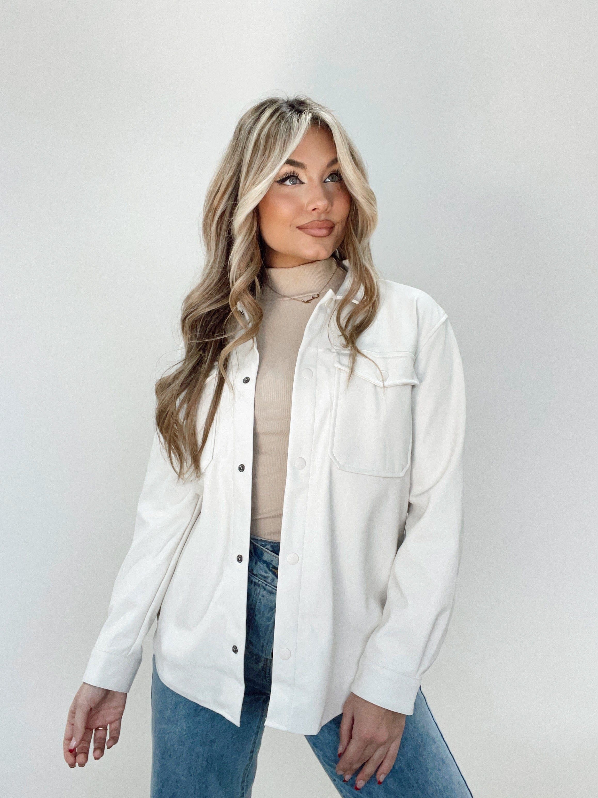 Ivory Pleather Shacket sold by LANE 201