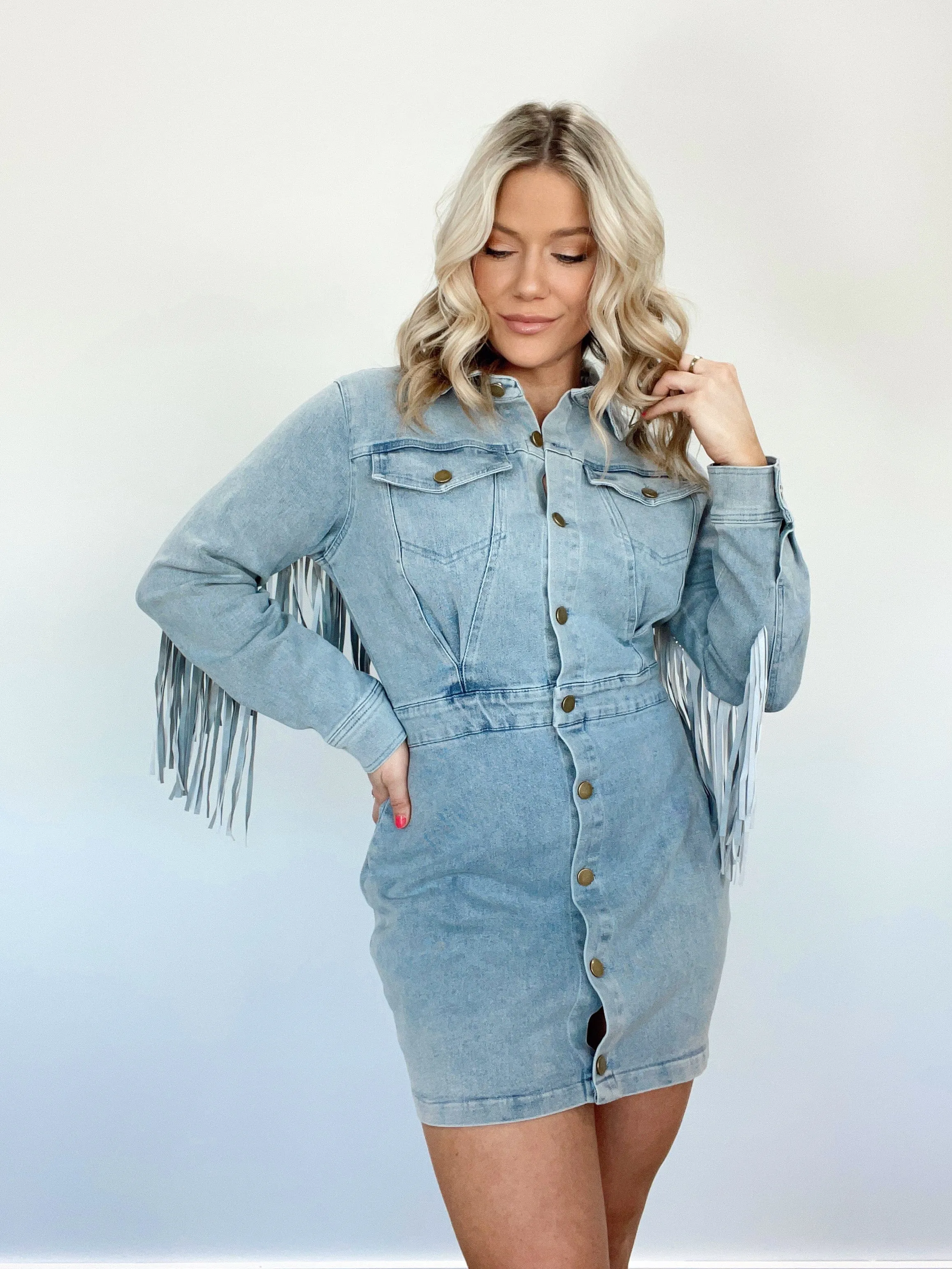 Denim Fringe Dress sold by LANE 201 product image thumbnail 4
