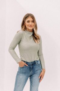 Sage Glitter Mock Neck Top sold by LANE 201