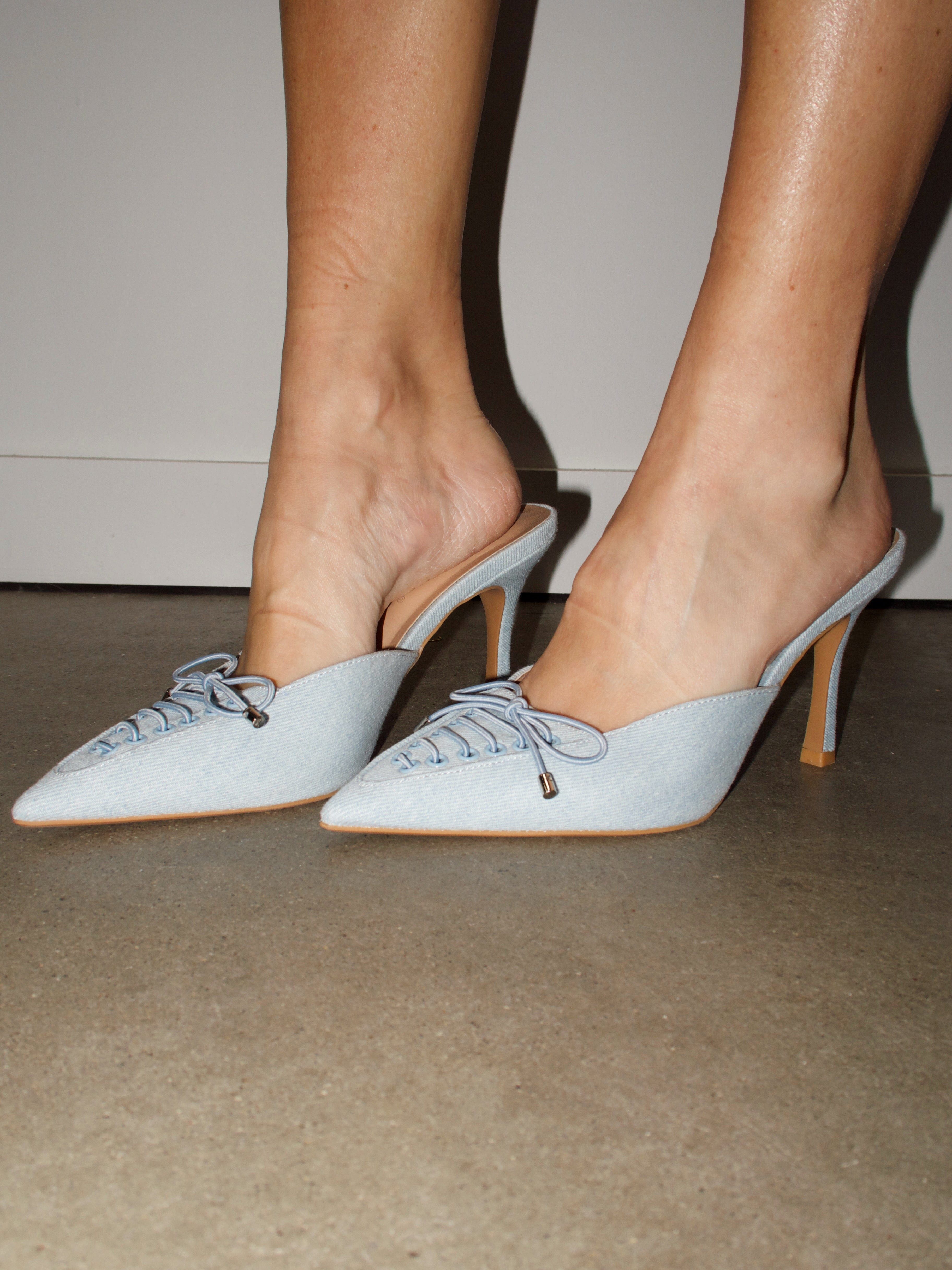 Denim Lace Up Heel sold by LANE 201