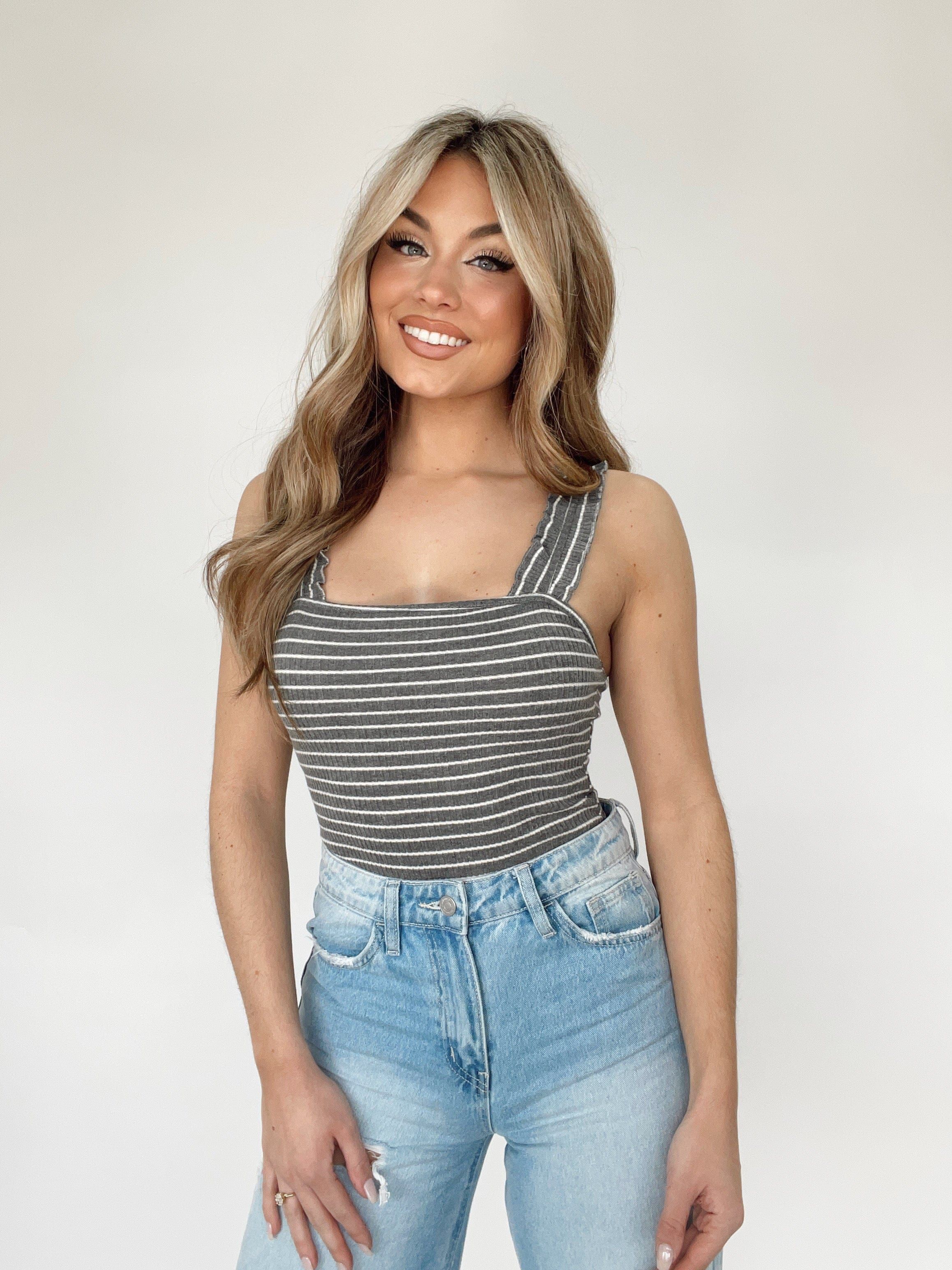 Charcoal Striped Ruffle Ribbed Bodysuit sold by LANE 201