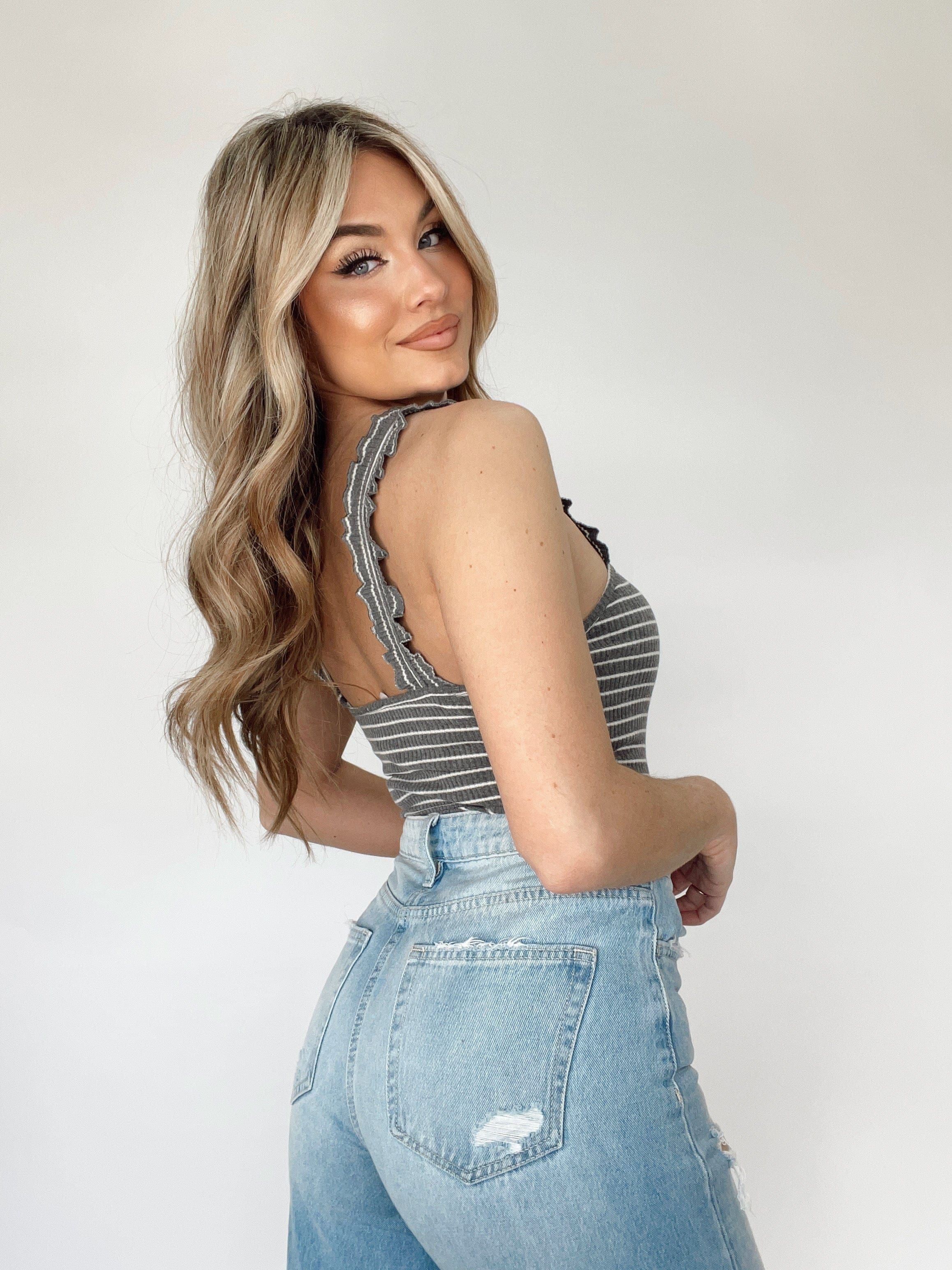 Charcoal Striped Ruffle Ribbed Bodysuit sold by LANE 201 product image thumbnail 5