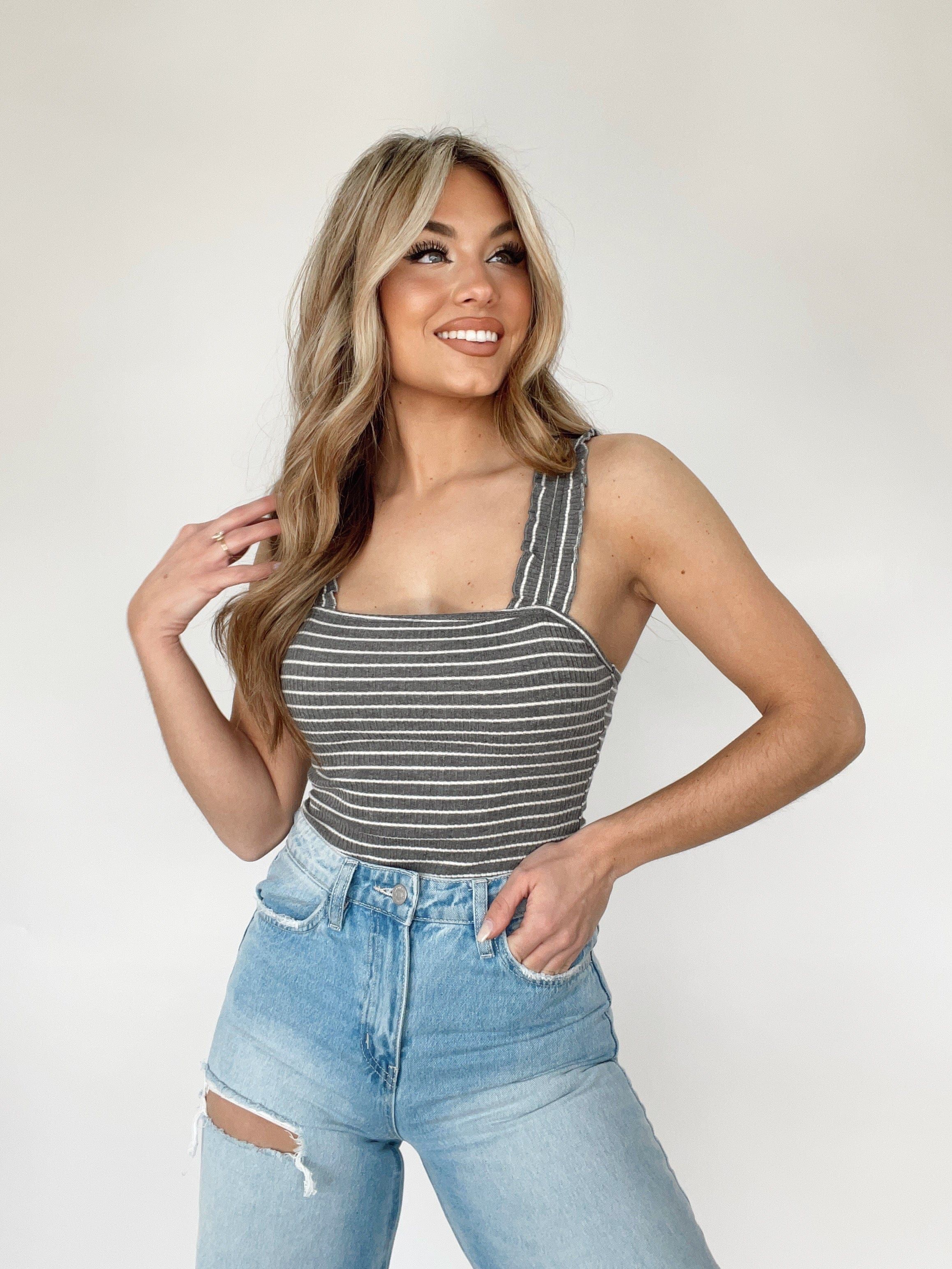Charcoal Striped Ruffle Ribbed Bodysuit sold by LANE 201 product image thumbnail 4