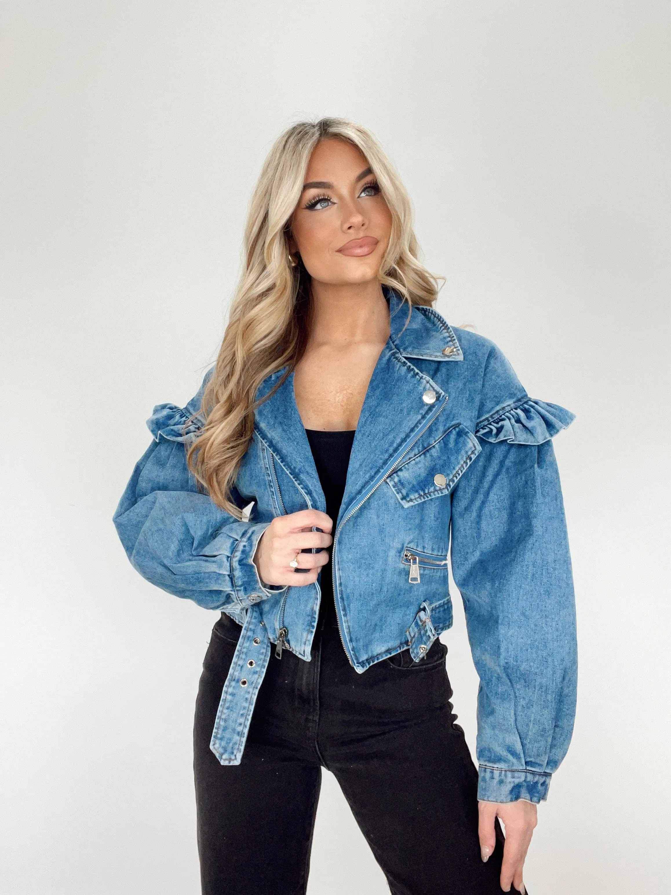 Ruffle Biker Denim Jacket sold by LANE 201 product image thumbnail 3