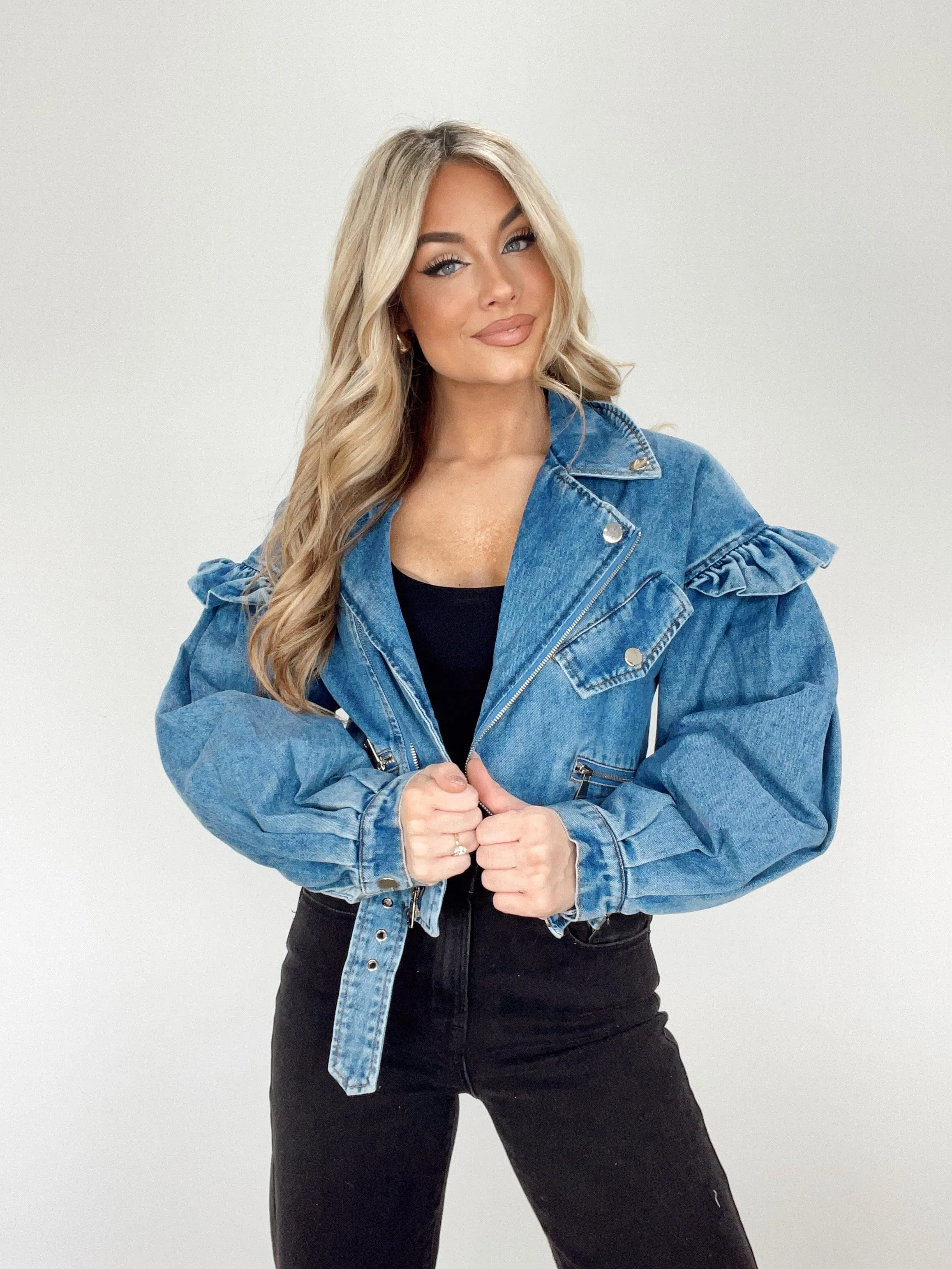 Ruffle Biker Denim Jacket sold by LANE 201 product image thumbnail 5