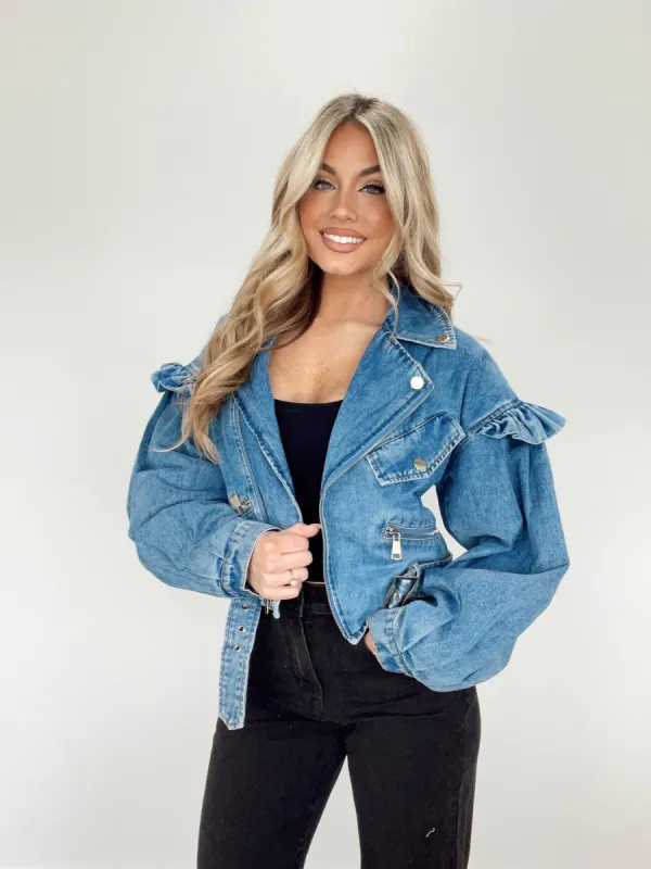 Ruffle Biker Denim Jacket sold by LANE 201