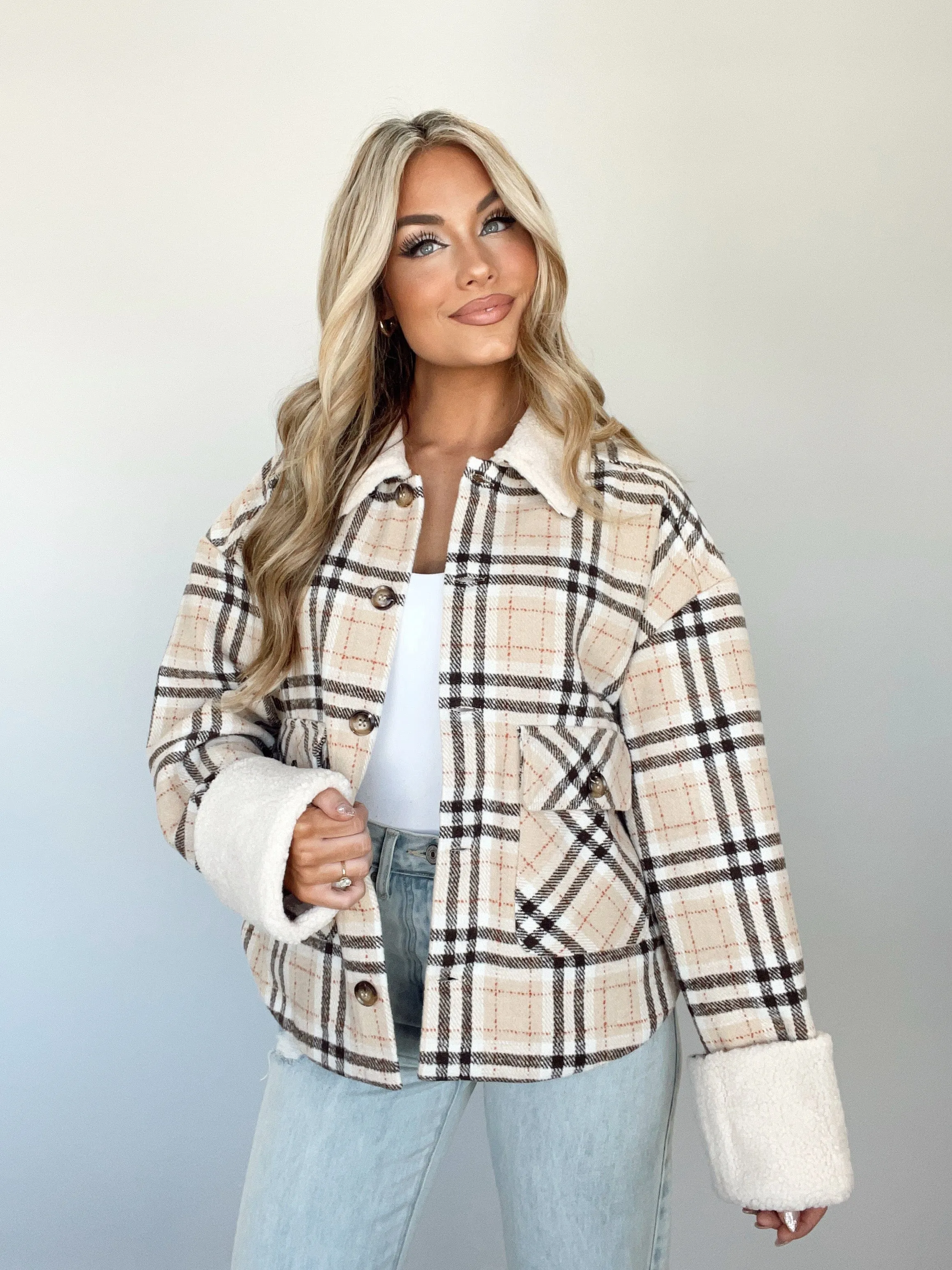 Plaid Cheer Sherpa Jacket sold by LANE 201
