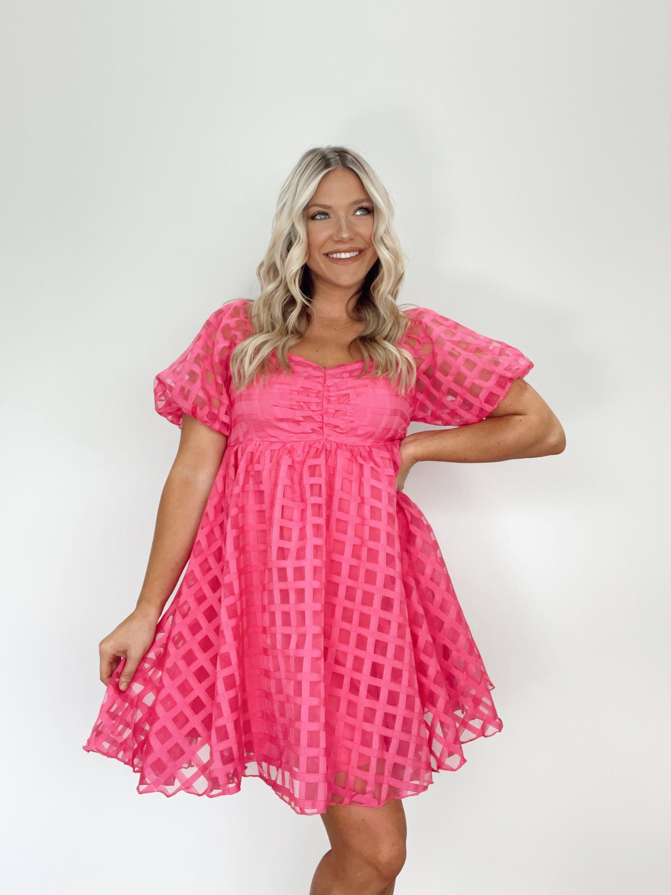 Fuchsia Checkered Babydoll Dress sold by LANE 201 product image thumbnail 5